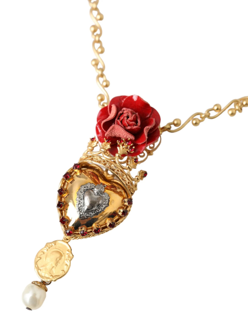 Dolce & Gabbana Gold BrassChain Sacred Heart Rose Crystal Charm Necklace - Necklaces