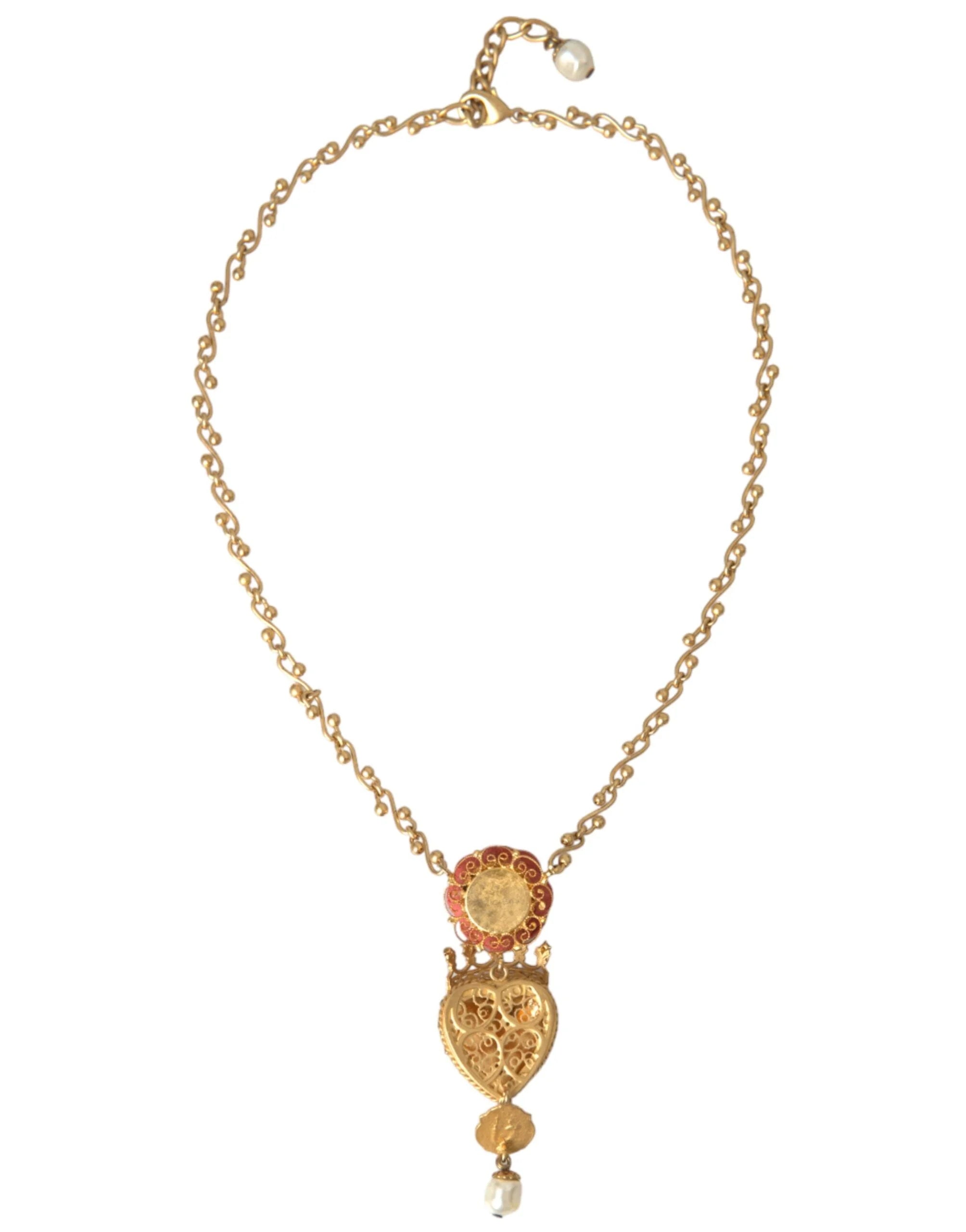 Dolce & Gabbana Gold BrassChain Sacred Heart Rose Crystal Charm Necklace - Necklaces