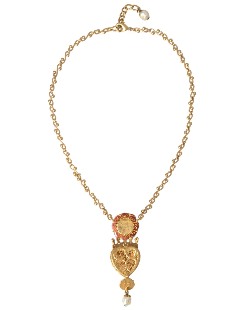 Dolce & Gabbana Gold BrassChain Sacred Heart Rose Crystal Charm Necklace - Necklaces