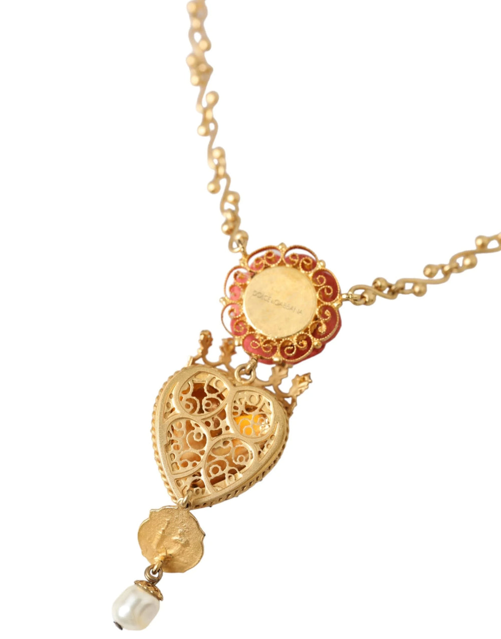 Dolce & Gabbana Gold BrassChain Sacred Heart Rose Crystal Charm Necklace - Necklaces