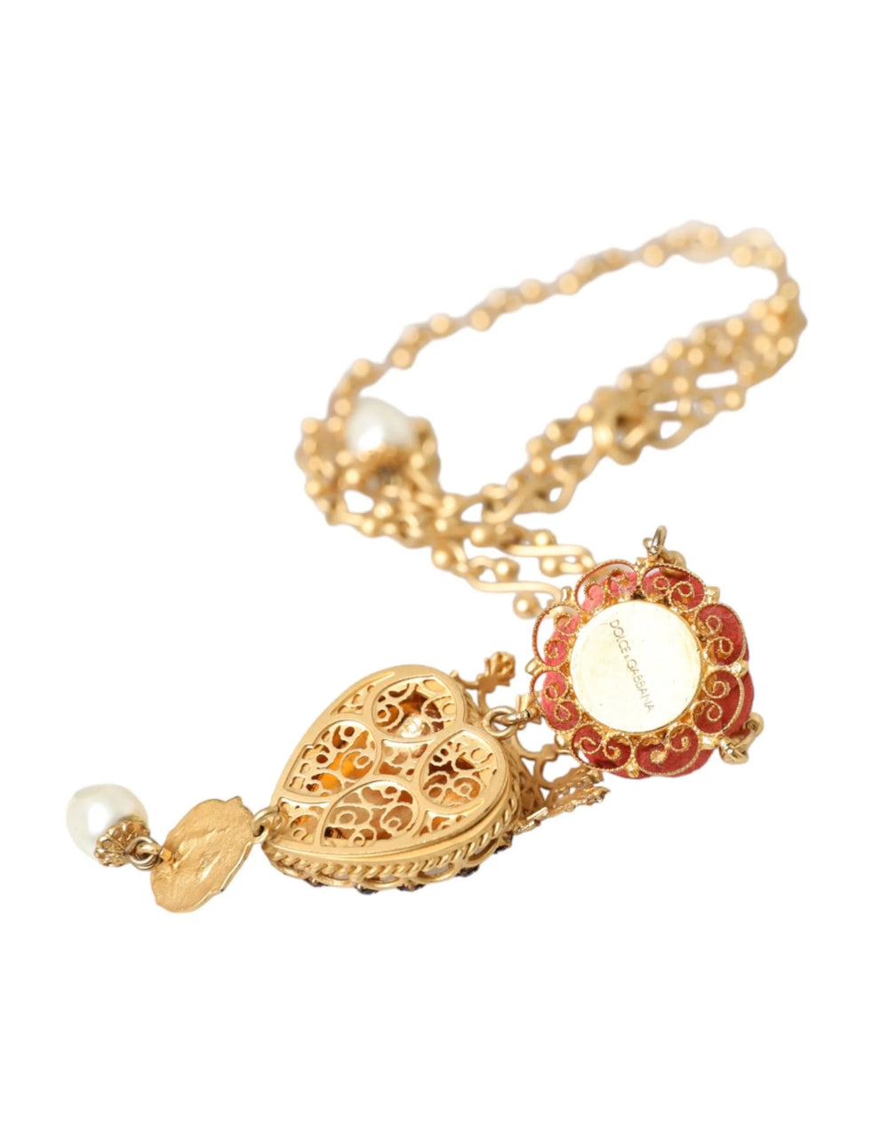 Dolce & Gabbana Gold BrassChain Sacred Heart Rose Crystal Charm Necklace - Necklaces