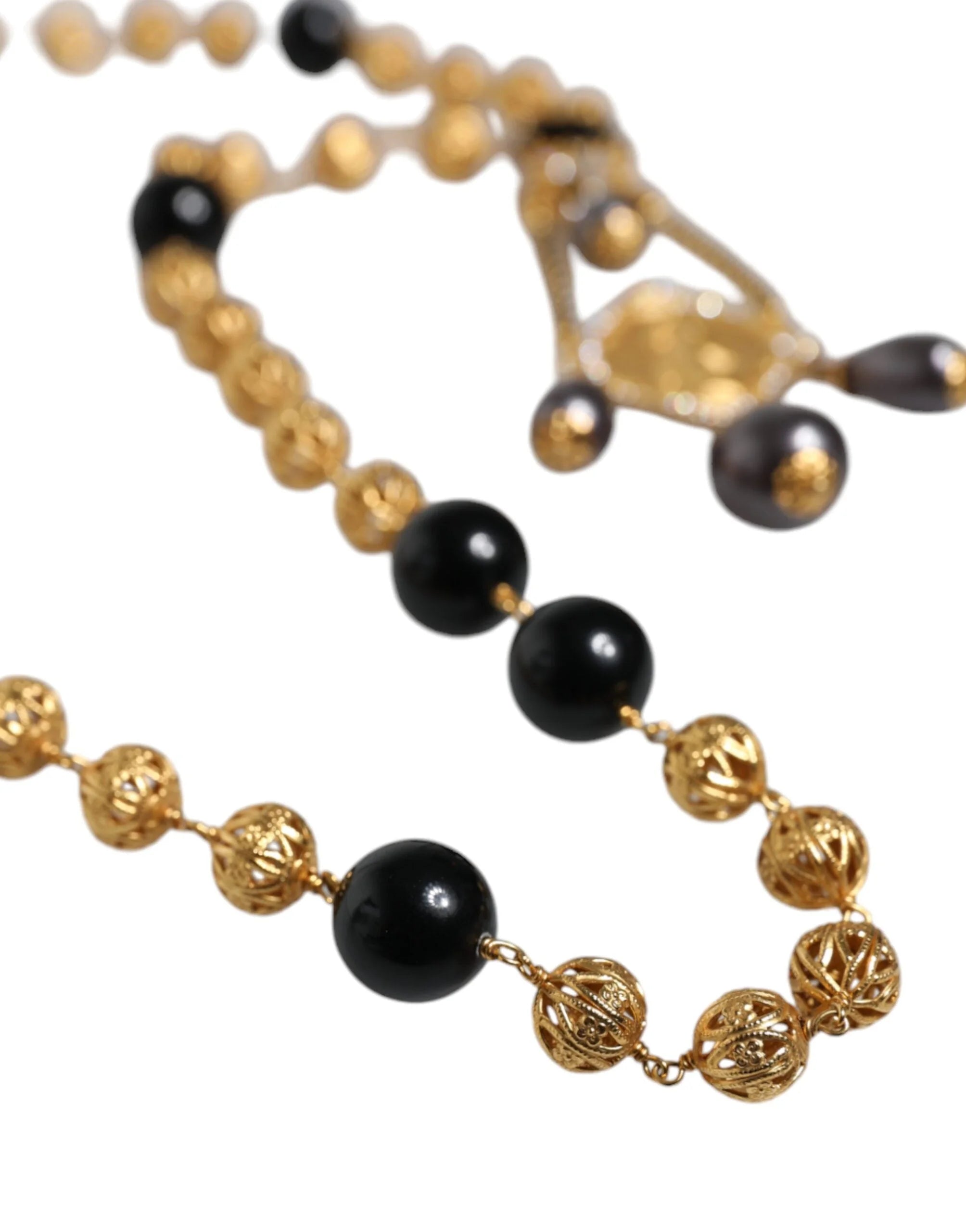 Dolce & Gabbana Gold Chain Brass Black Beaded Rosary Style Necklace - Necklaces