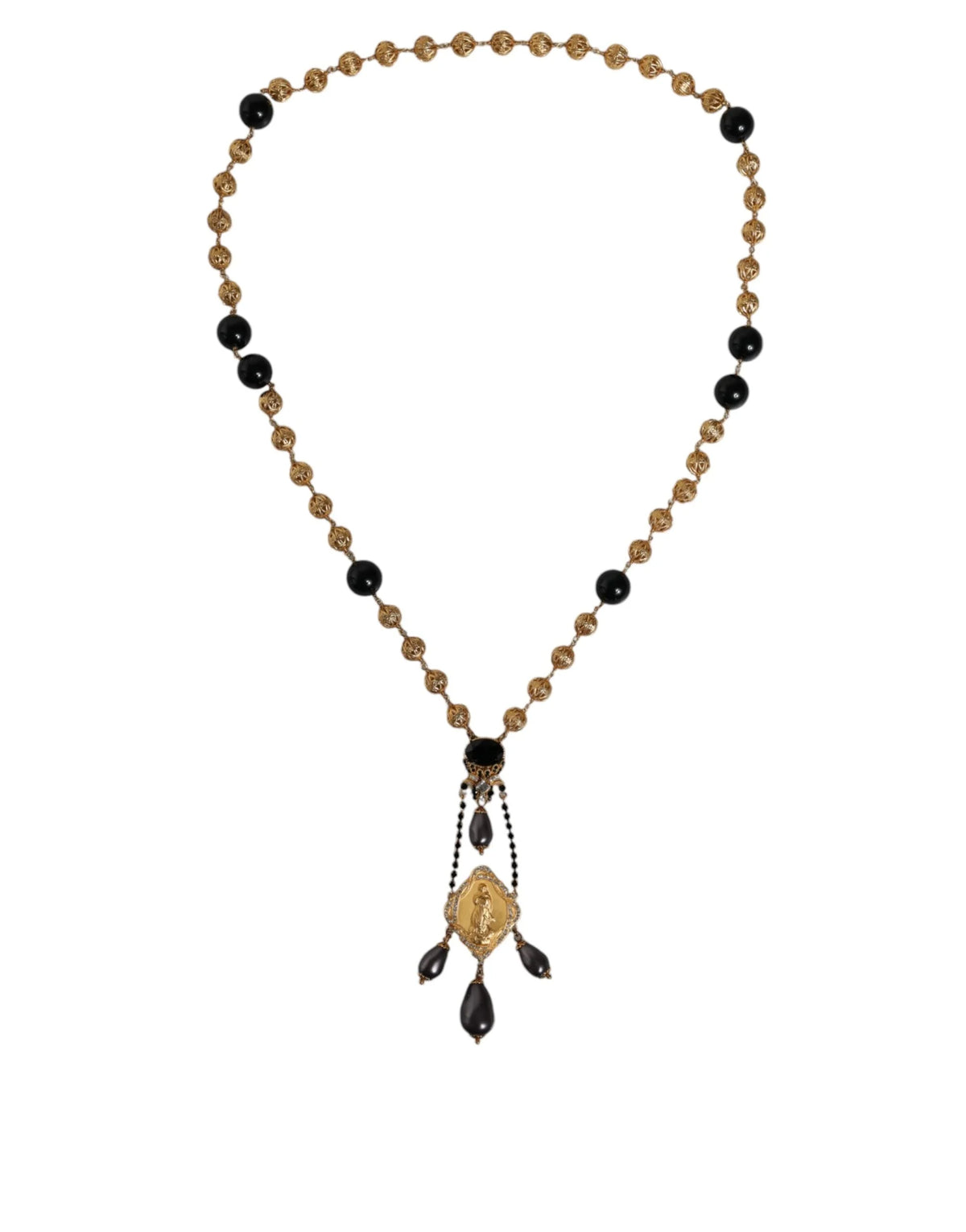 Dolce & Gabbana Gold Chain Brass Black Beaded Rosary Style Necklace - Necklaces