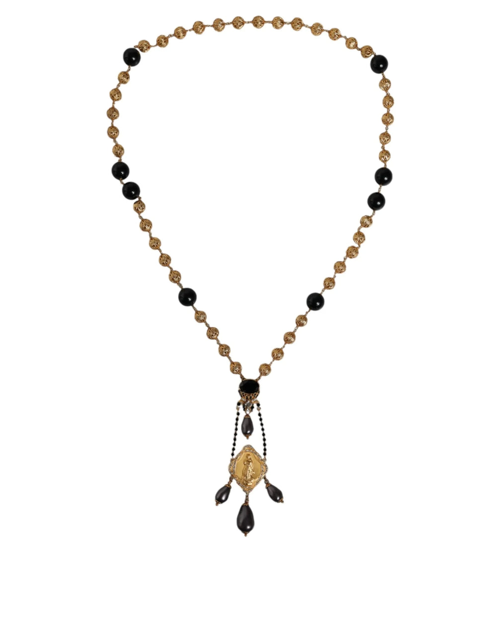 Dolce & Gabbana Gold Chain Brass Black Beaded Rosary Style Necklace - Necklaces