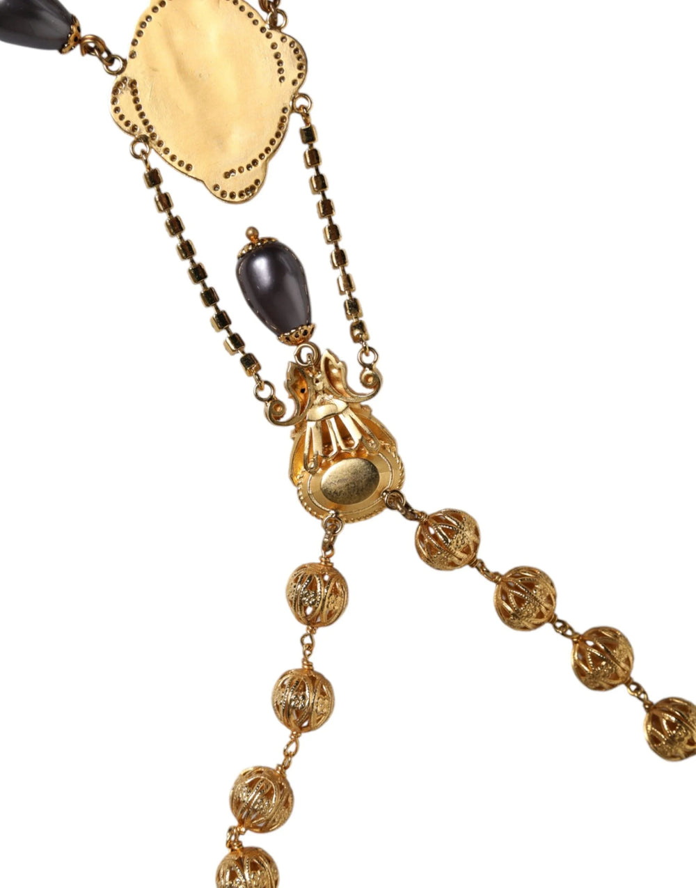 Dolce & Gabbana Gold Chain Brass Black Beaded Rosary Style Necklace - Necklaces