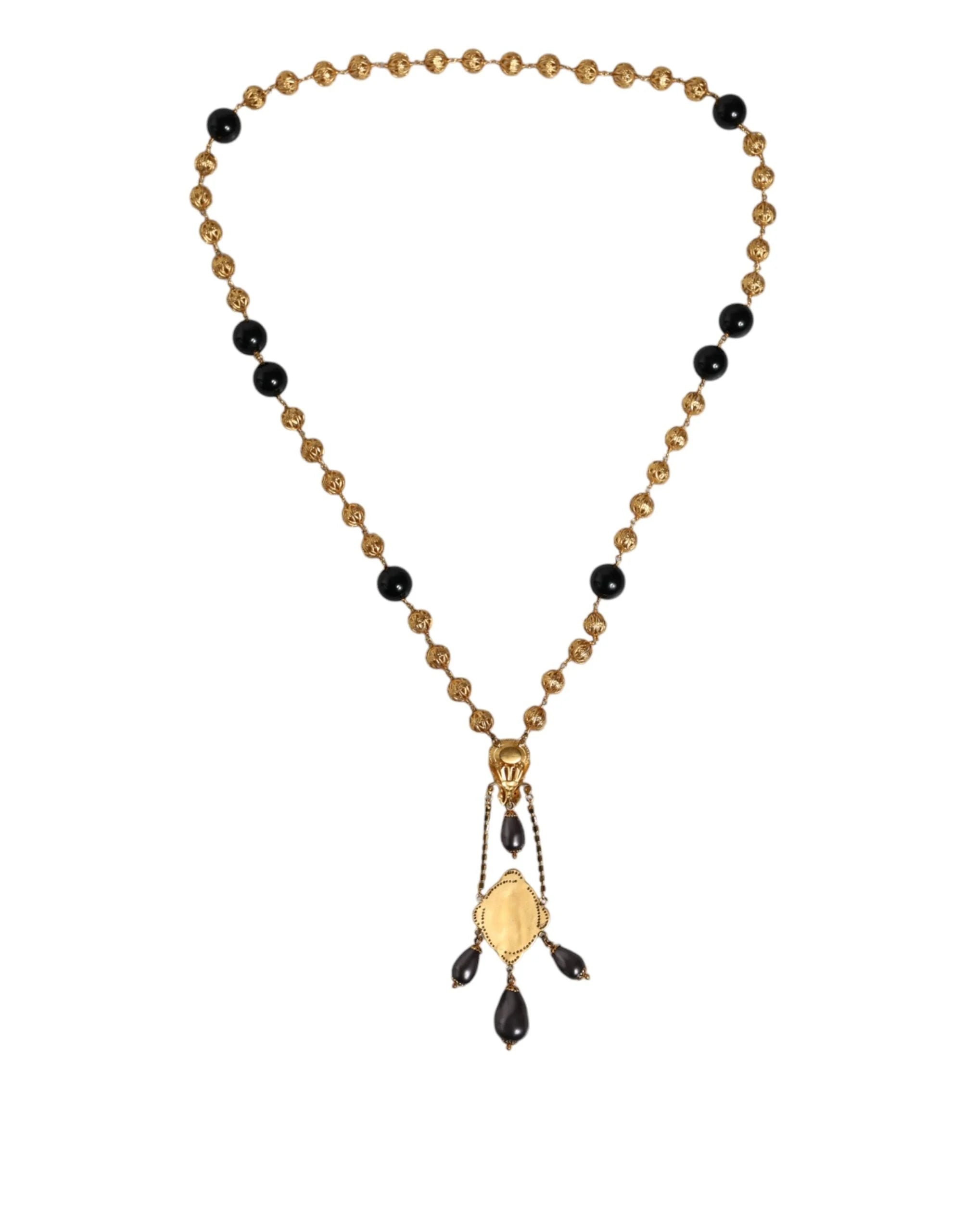 Dolce & Gabbana Gold Chain Brass Black Beaded Rosary Style Necklace - Necklaces