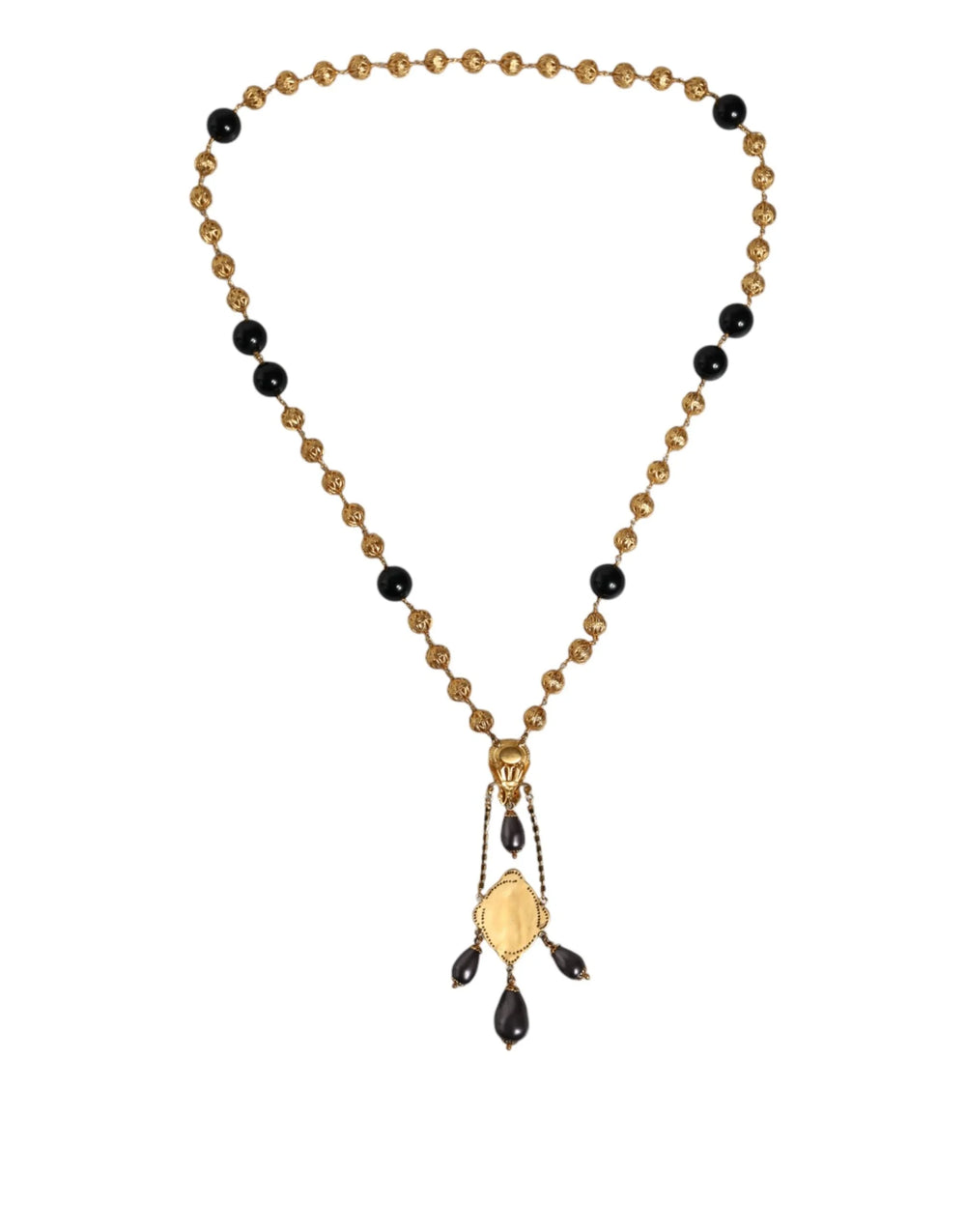 Dolce & Gabbana Gold Chain Brass Black Beaded Rosary Style Necklace - Necklaces