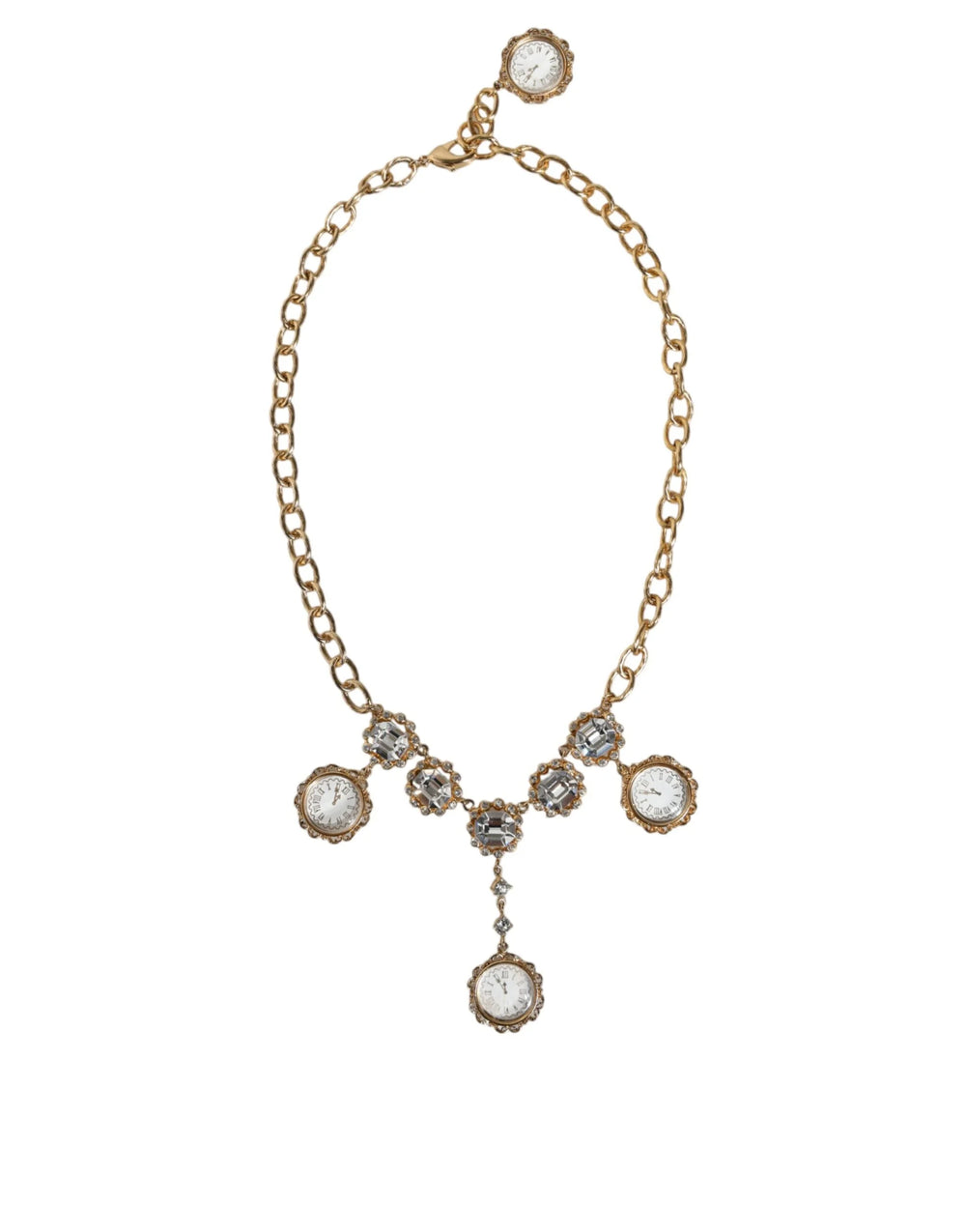 Dolce & Gabbana Gold Chain Brass Crystal Clock Statement Necklace - Necklaces