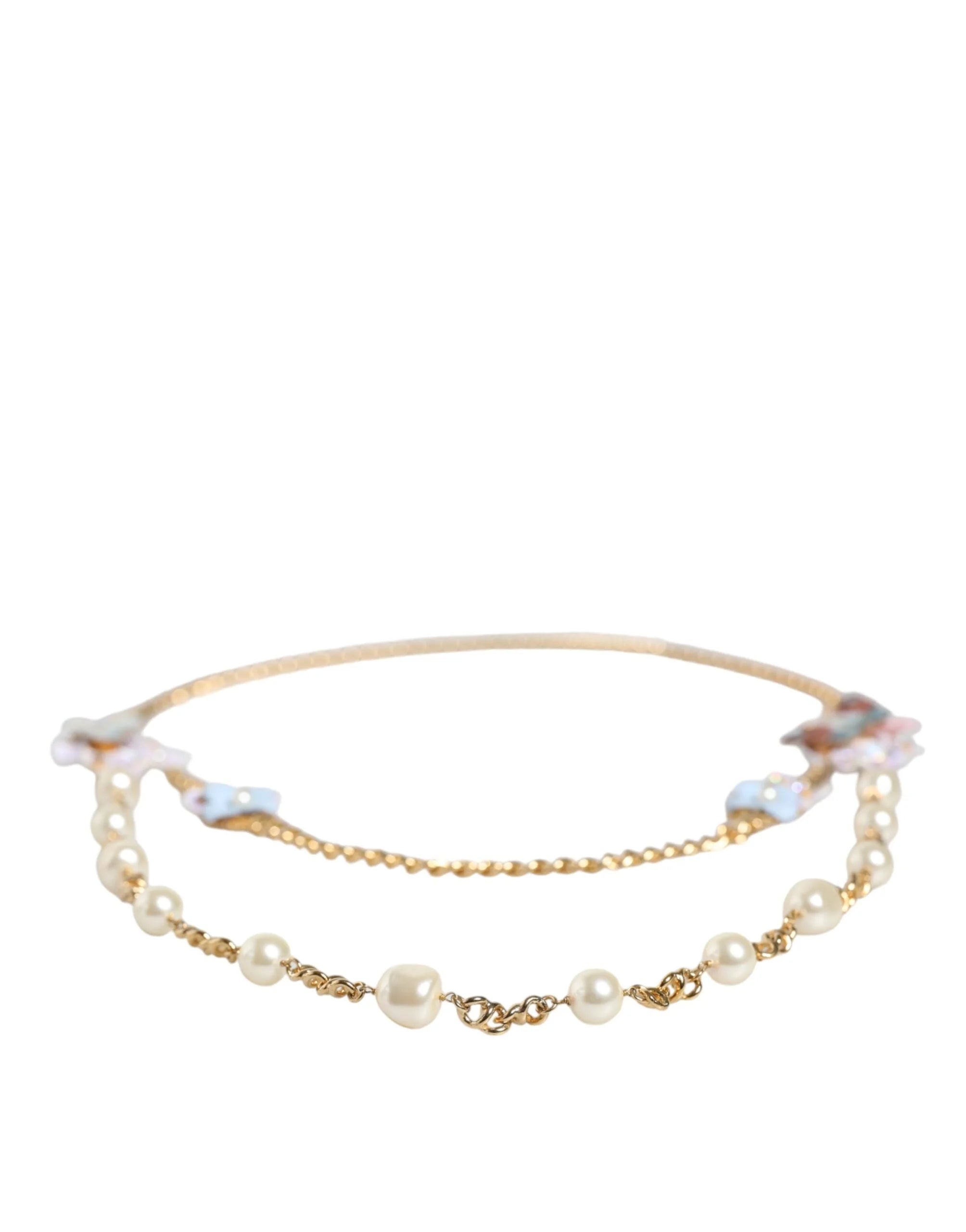 Dolce & Gabbana Gold Chain Brass Floral Layered Crystal Pearl Necklace - Necklaces