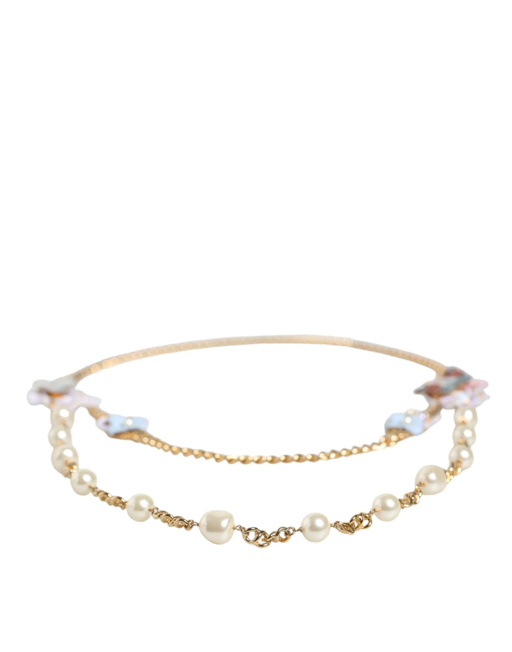 Dolce & Gabbana Gold Chain Brass Floral Layered Crystal Pearl Necklace - Necklaces
