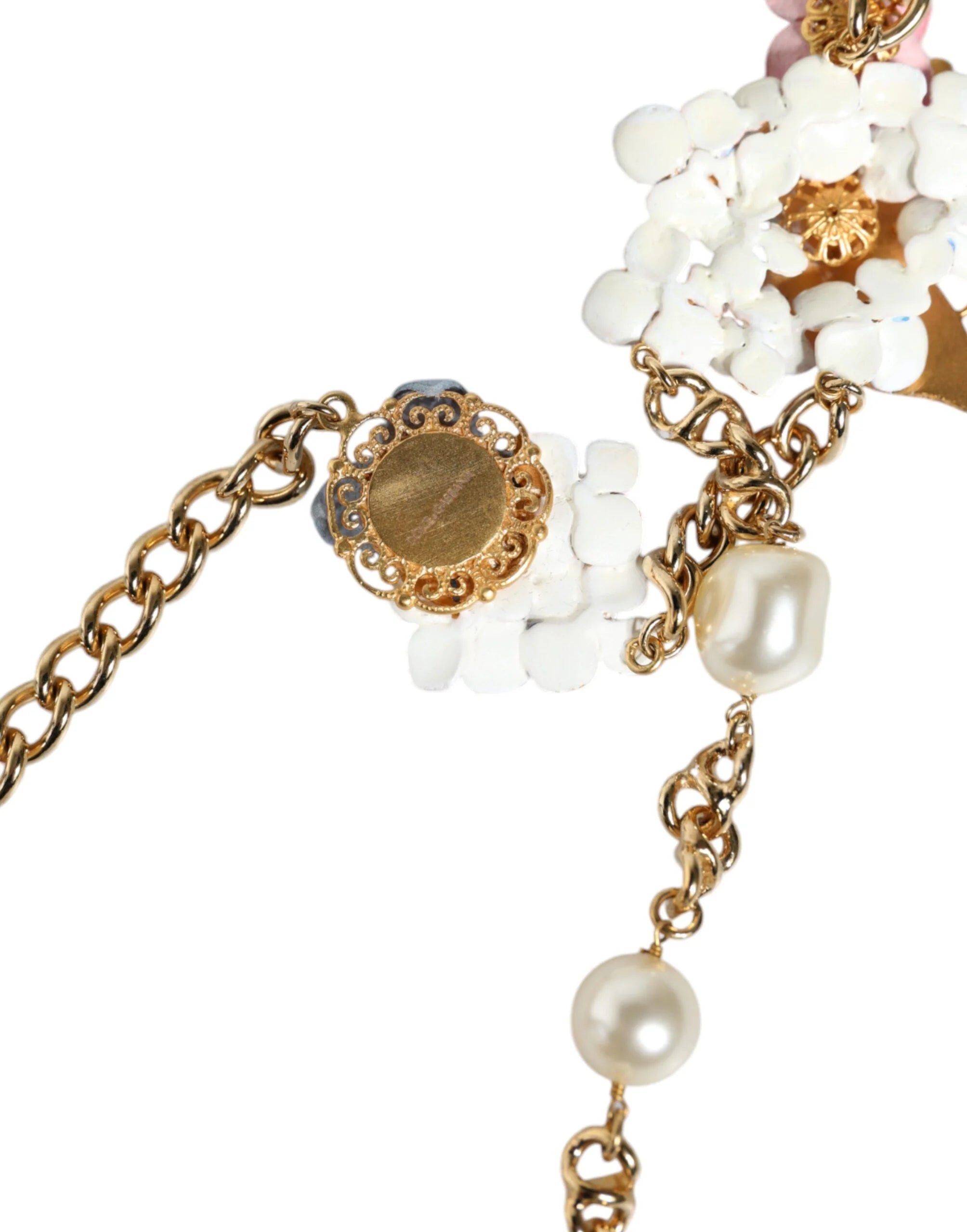 Dolce & Gabbana Gold Chain Brass Floral Layered Crystal Pearl Necklace - Necklaces