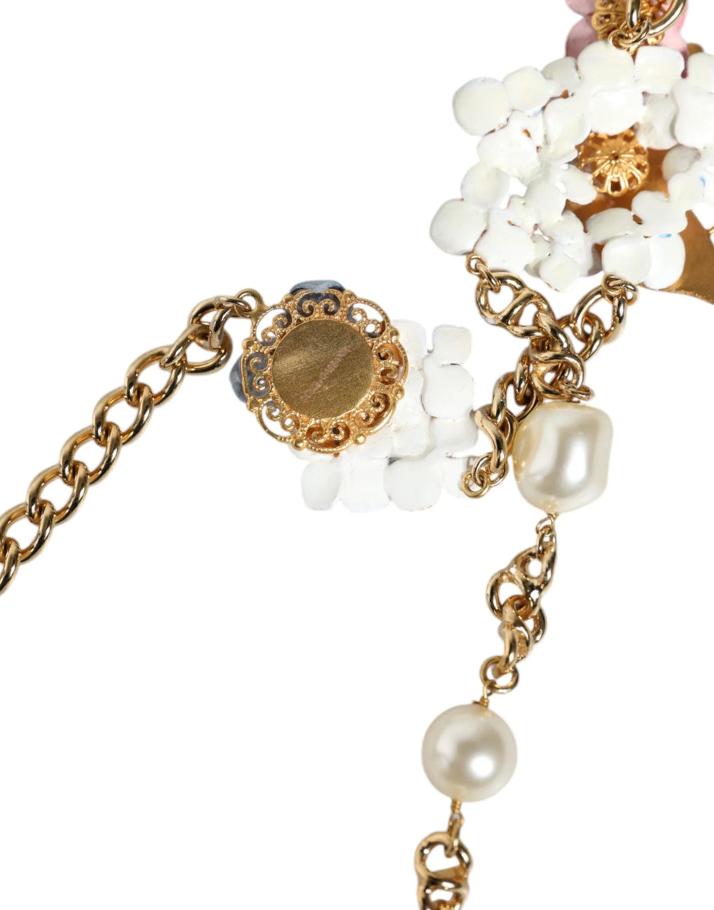 Dolce & Gabbana Gold Chain Brass Floral Layered Crystal Pearl Necklace - Necklaces