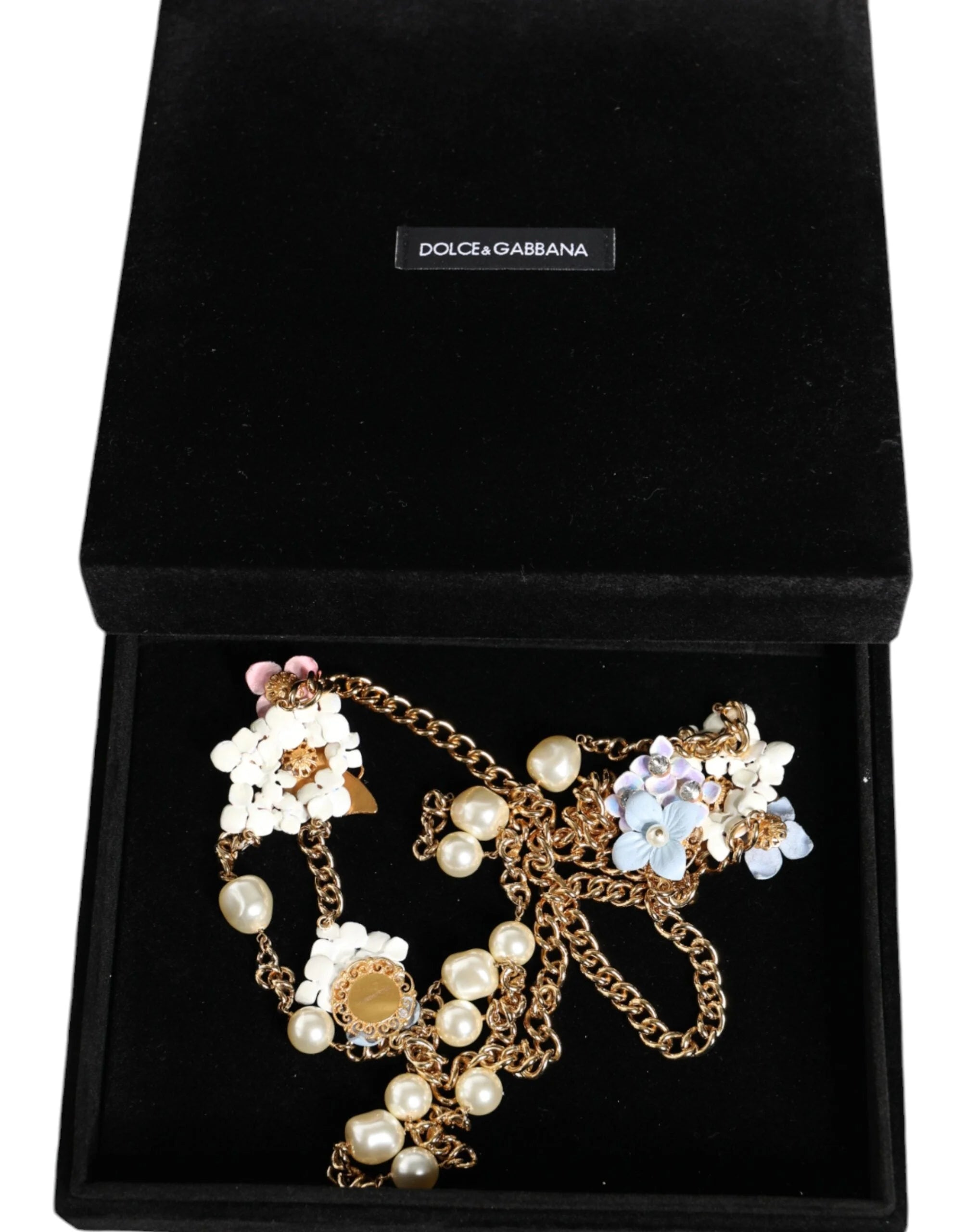 Dolce & Gabbana Gold Chain Brass Floral Layered Crystal Pearl Necklace - Necklaces
