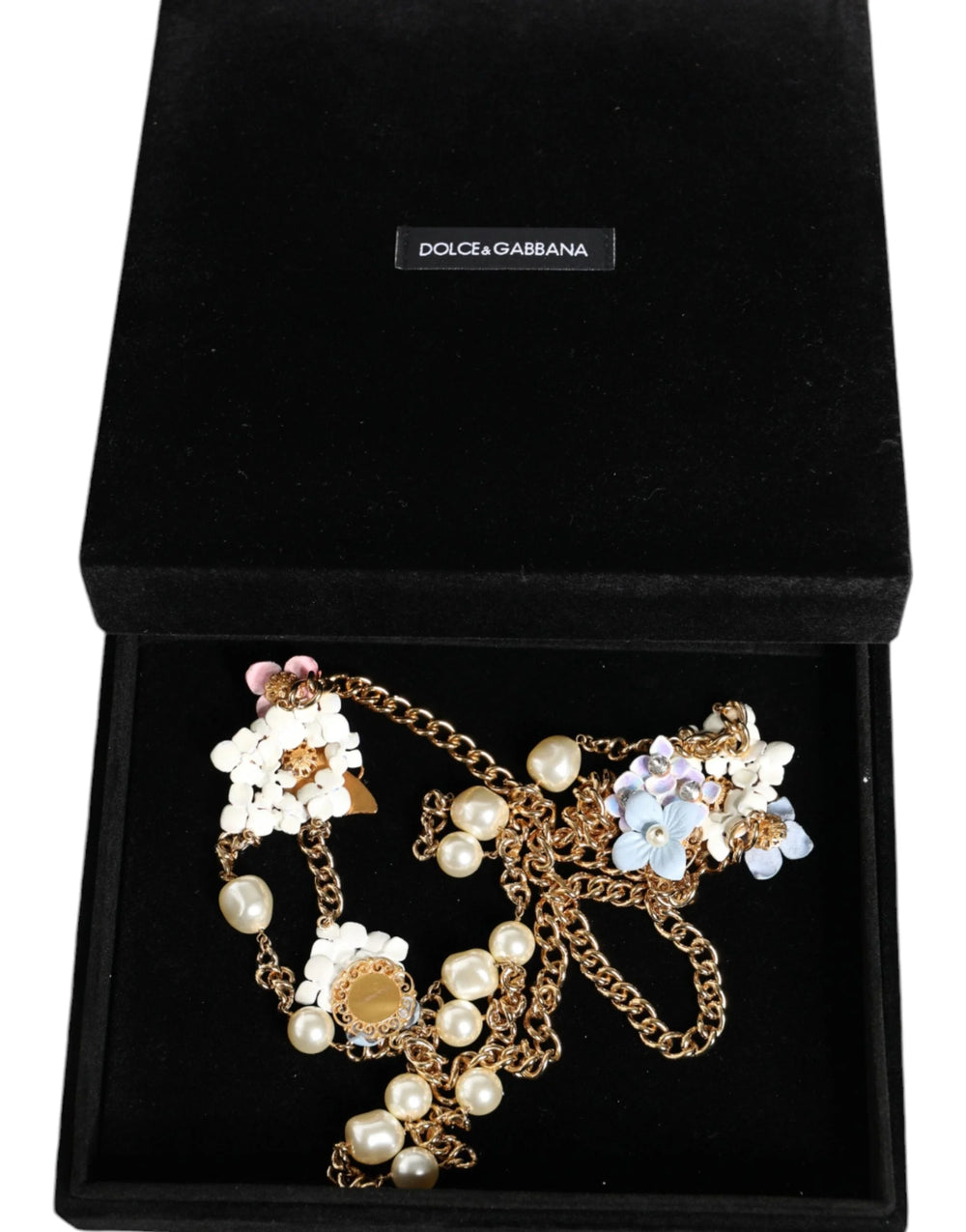 Dolce & Gabbana Gold Chain Brass Floral Layered Crystal Pearl Necklace - Necklaces