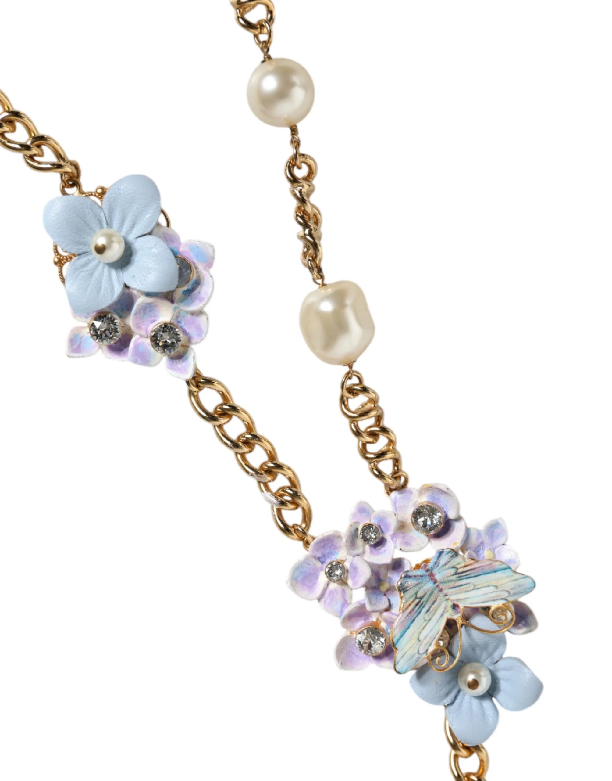 Dolce & Gabbana Gold Chain Brass Floral Layered Crystal Pearl Necklace - Necklaces