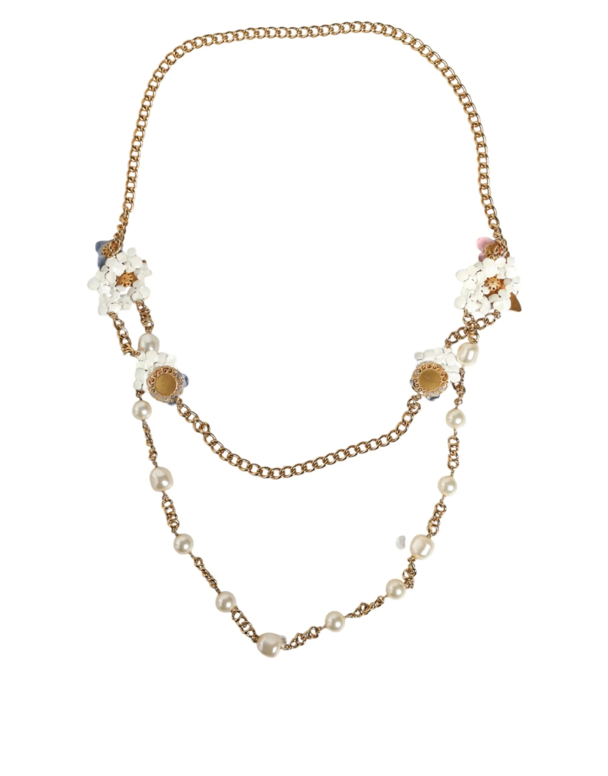 Dolce & Gabbana Gold Chain Brass Floral Layered Crystal Pearl Necklace - Necklaces