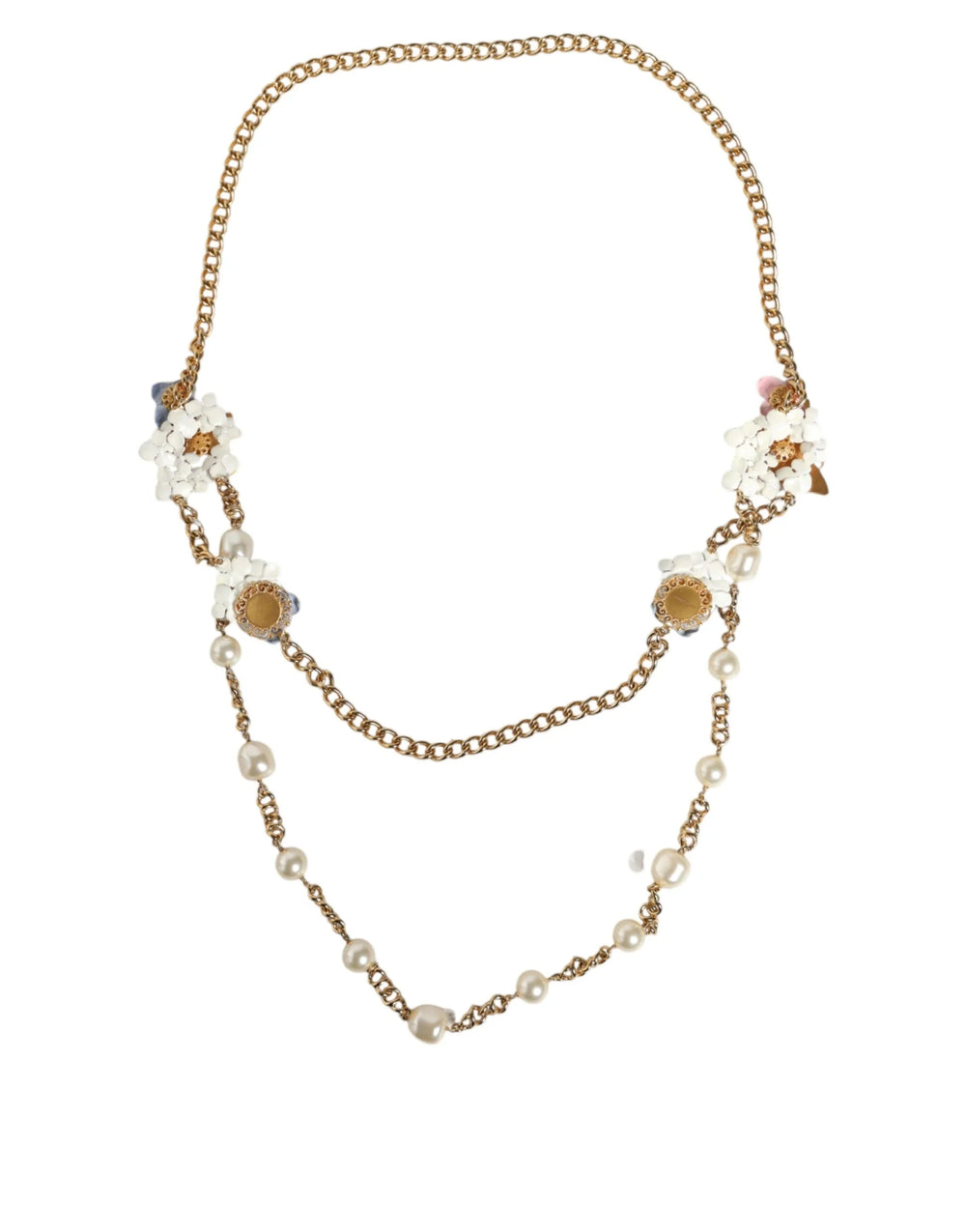 Dolce & Gabbana Gold Chain Brass Floral Layered Crystal Pearl Necklace - Necklaces