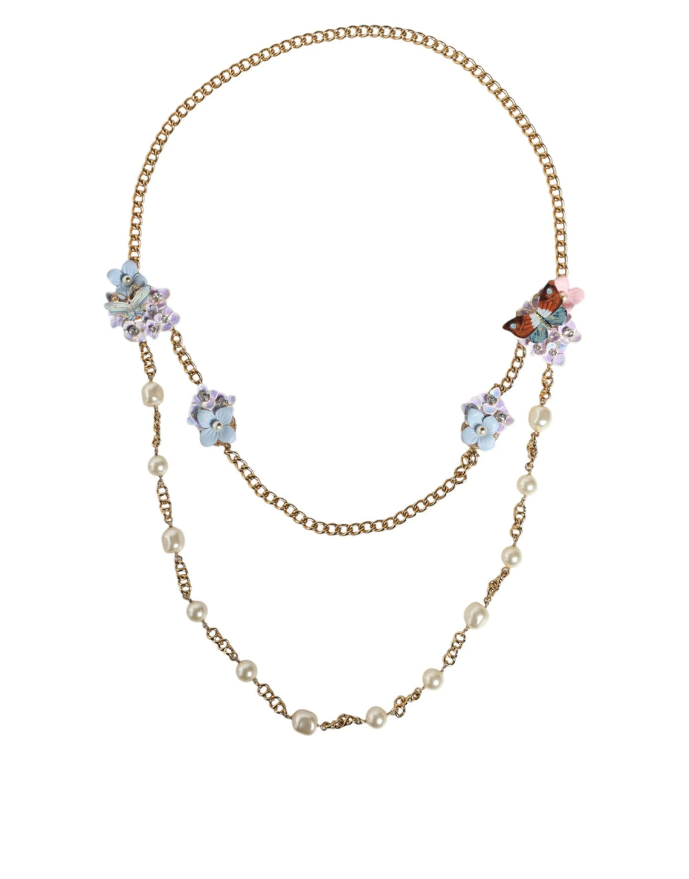 Dolce & Gabbana Gold Chain Brass Floral Layered Crystal Pearl Necklace - Necklaces
