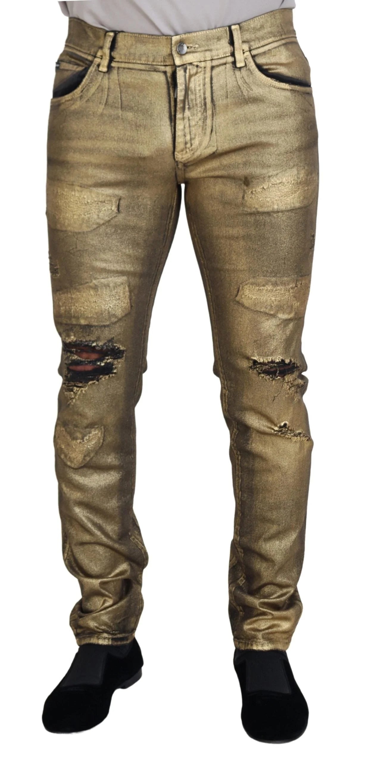 Dolce & Gabbana Gold Cotton Tattered Skinny Men Denim Jeans - IT50 | L - Jeans