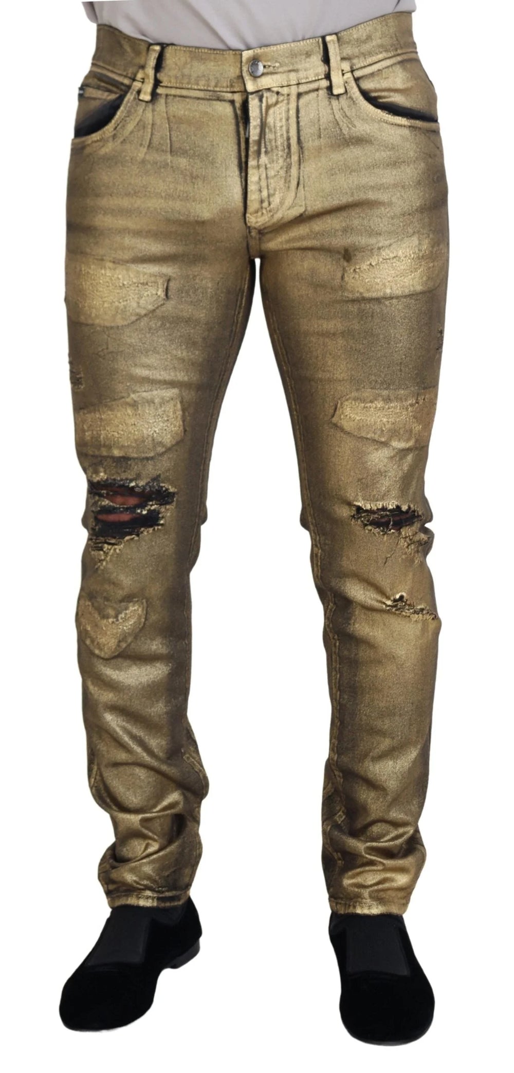 Dolce & Gabbana Gold Cotton Tattered Skinny Men Denim Jeans - IT50 | L - Jeans