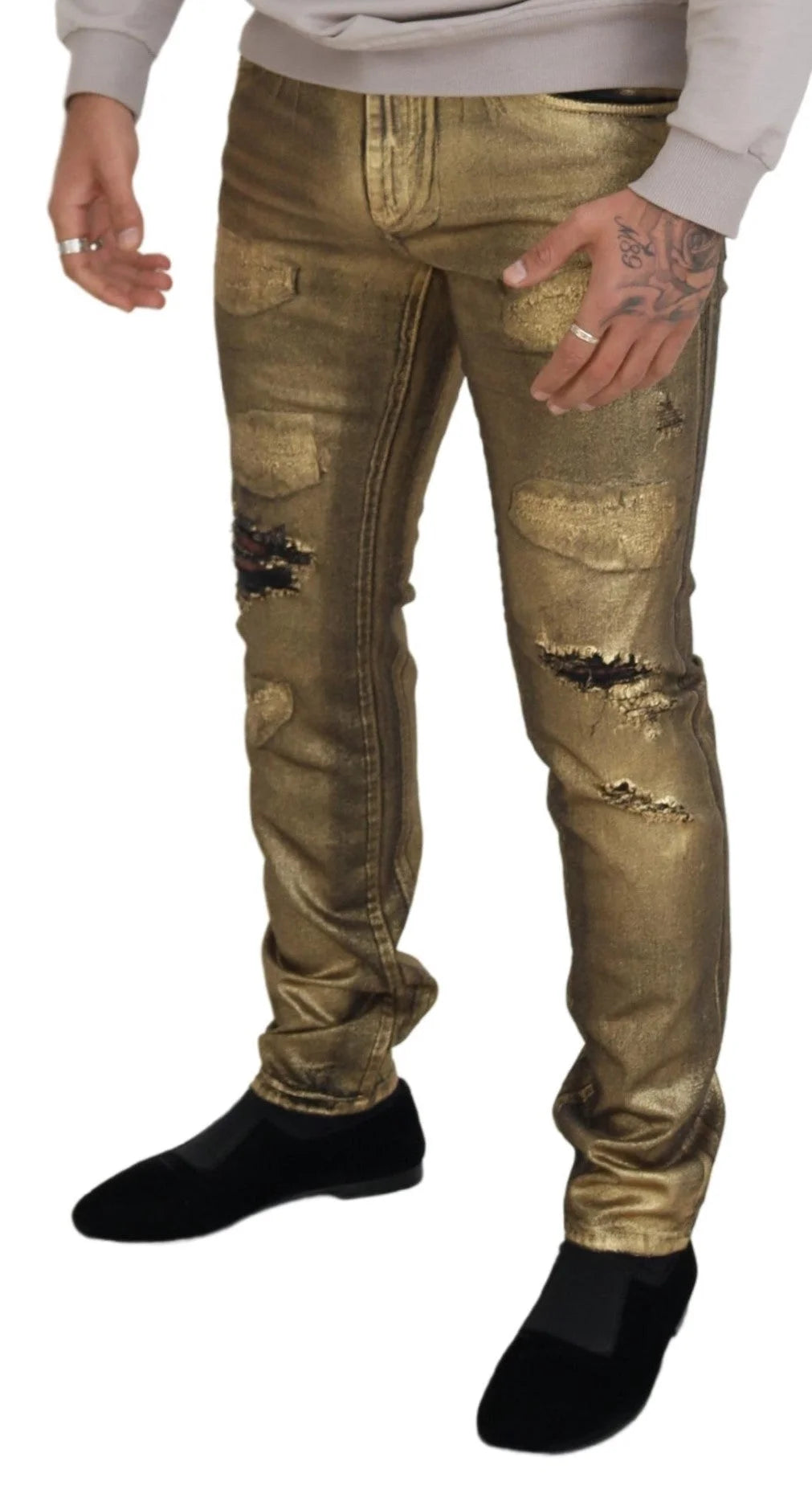 Dolce & Gabbana Gold Cotton Tattered Skinny Men Denim Jeans - IT50 | L - Jeans