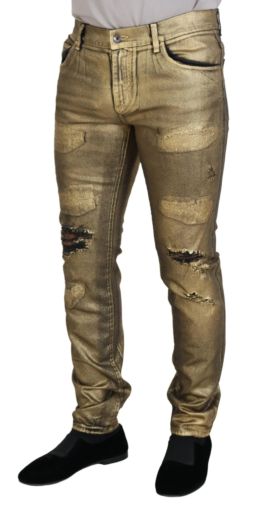 Dolce & Gabbana Gold Cotton Tattered Skinny Men Denim Jeans - IT50 | L - Jeans