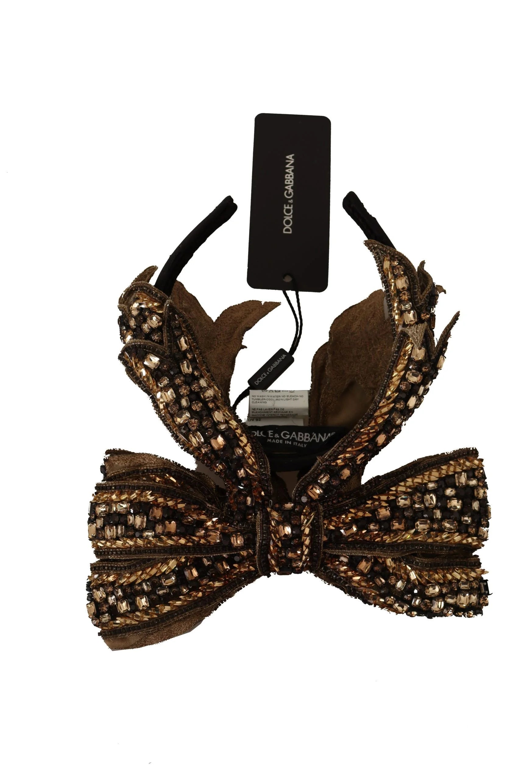 Dolce & Gabbana Gold Crystal Beaded Sequined Silk Bow Headband Diadem - Headbands