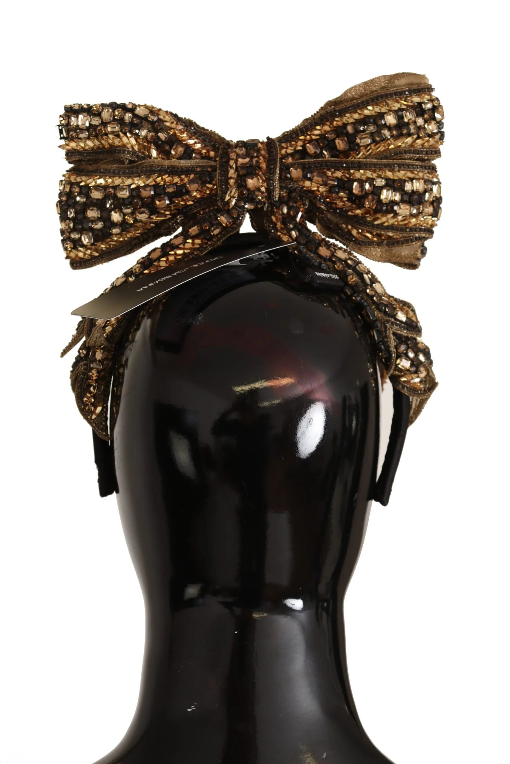 Dolce & Gabbana Gold Crystal Beaded Sequined Silk Bow Headband Diadem - Headbands