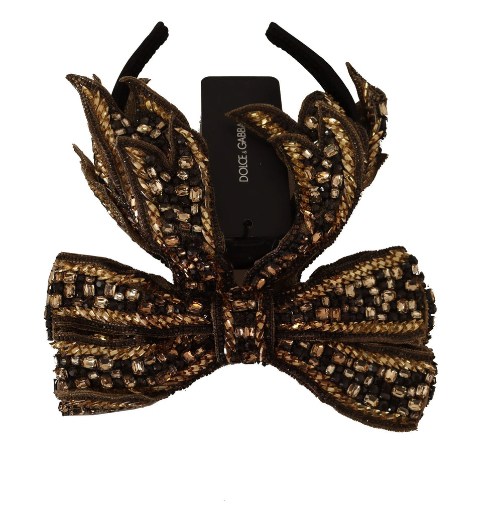 Dolce & Gabbana Gold Crystal Beaded Sequined Silk Bow Headband Diadem - Headbands