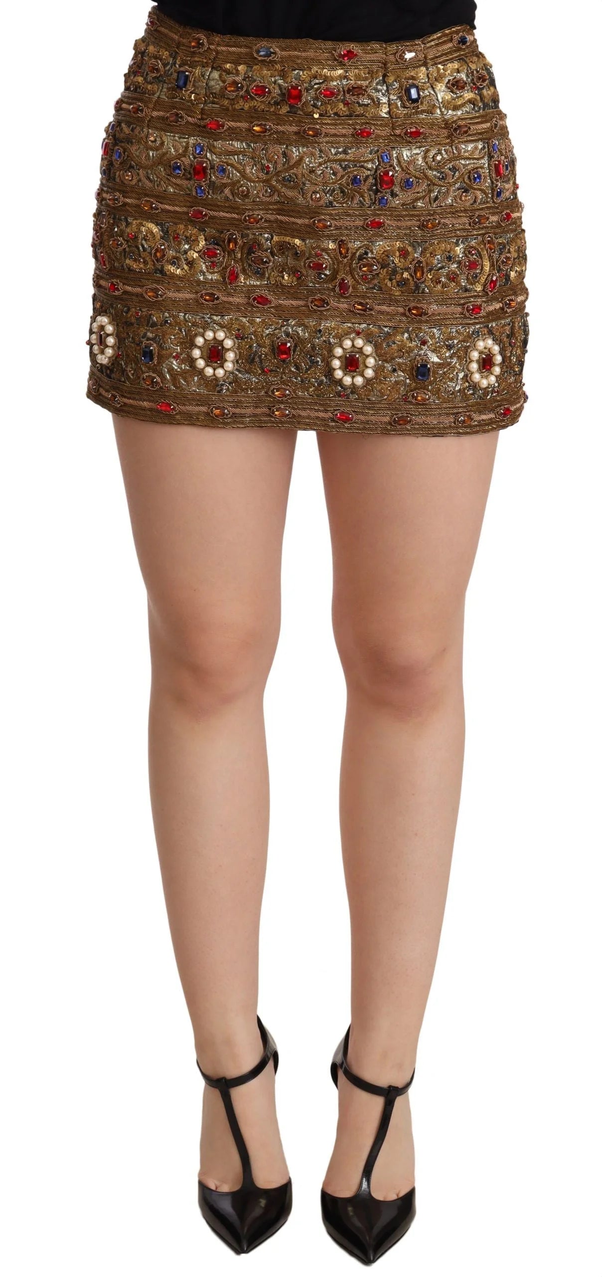 Dolce & Gabbana Gold Crystal Jacquard High Waist Skirt - IT38|XS - Skirts