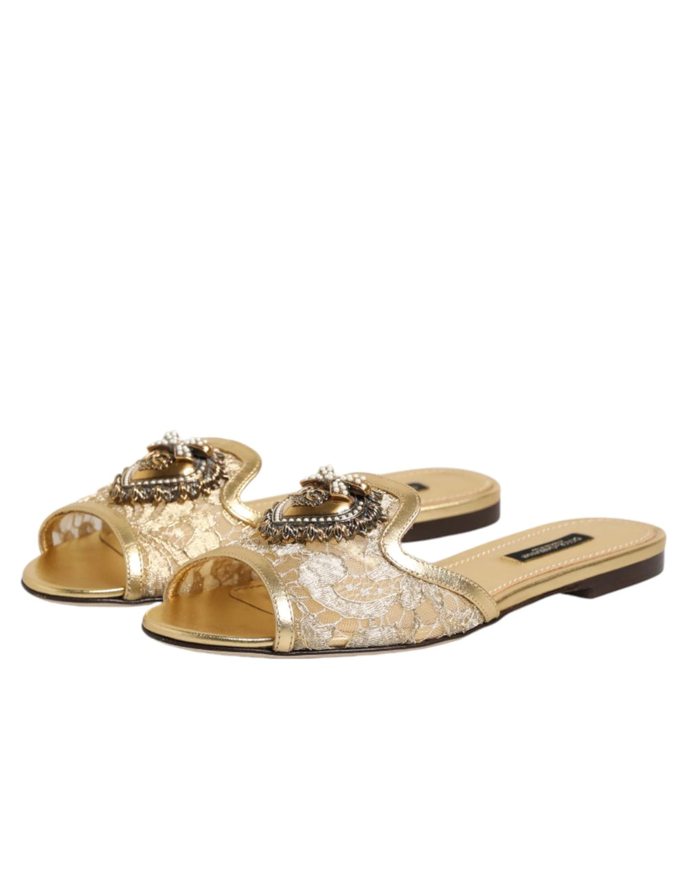 Dolce & Gabbana Gold Devotion Lace Flats Slip On Sandals Shoes - EU35.5/US5