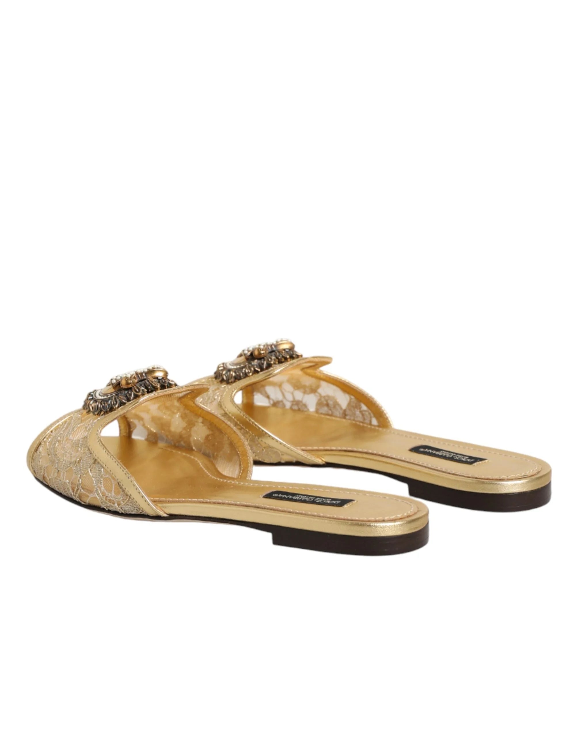 Dolce & Gabbana Gold Devotion Lace Flats Slip On Sandals Shoes - EU35.5/US5