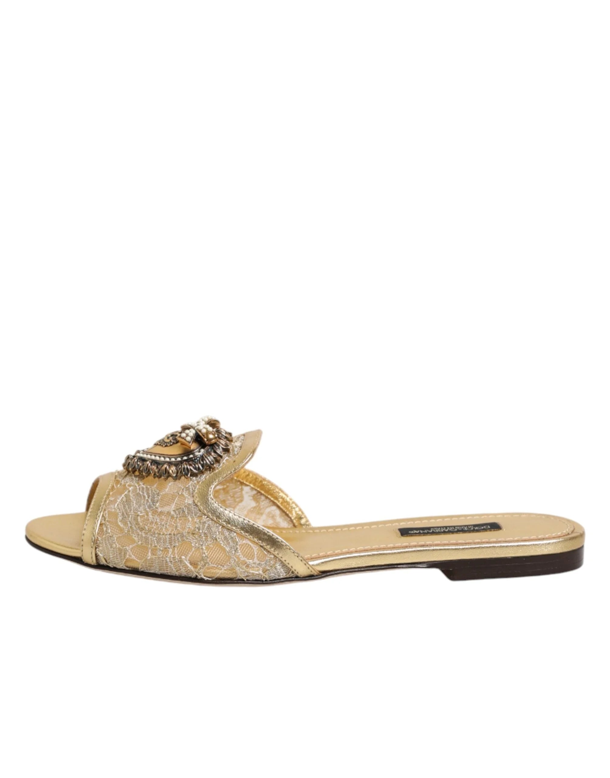 Dolce & Gabbana Gold Devotion Lace Flats Slip On Sandals Shoes - EU35.5/US5