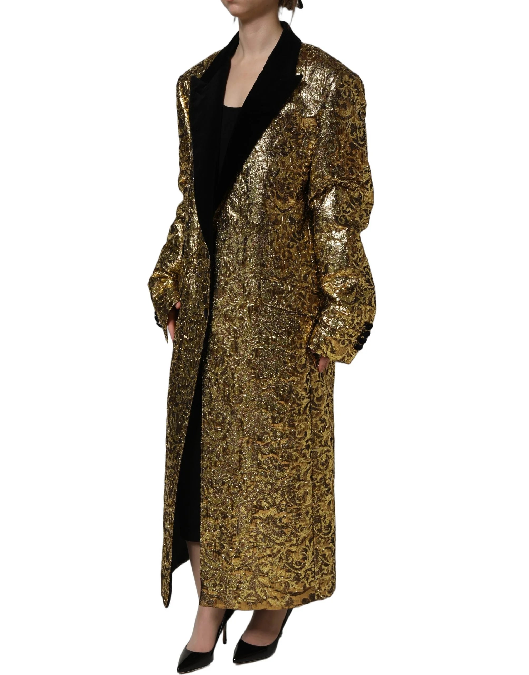 Dolce & Gabbana Gold Floral Jacquard Wool Trench Coat Jacket - IT40|S