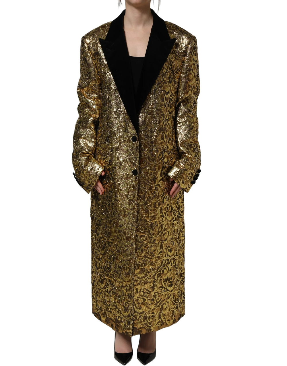 Dolce & Gabbana Gold Floral Jacquard Wool Trench Coat Jacket - IT40|S