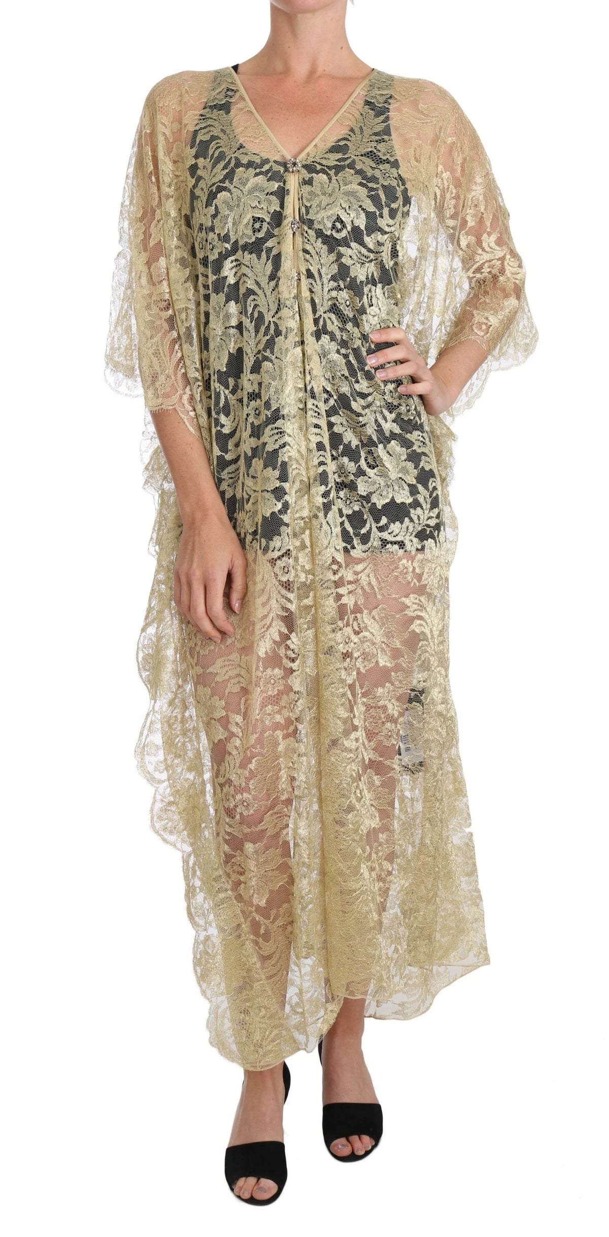 Dolce & Gabbana Gold Floral Lace Crystal Gown Cape Dress - Dresses