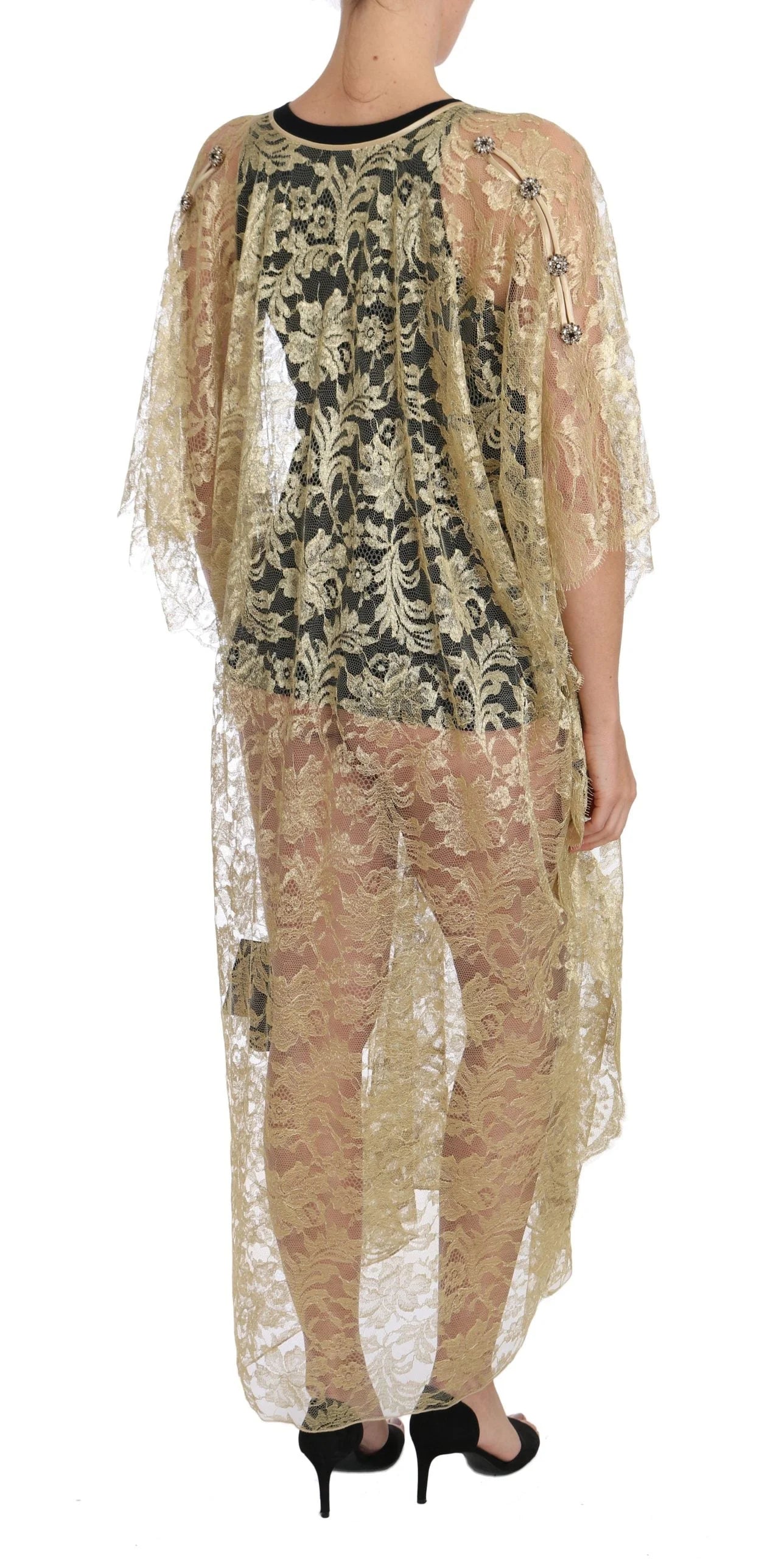 Dolce & Gabbana Gold Floral Lace Crystal Gown Cape Dress - Dresses