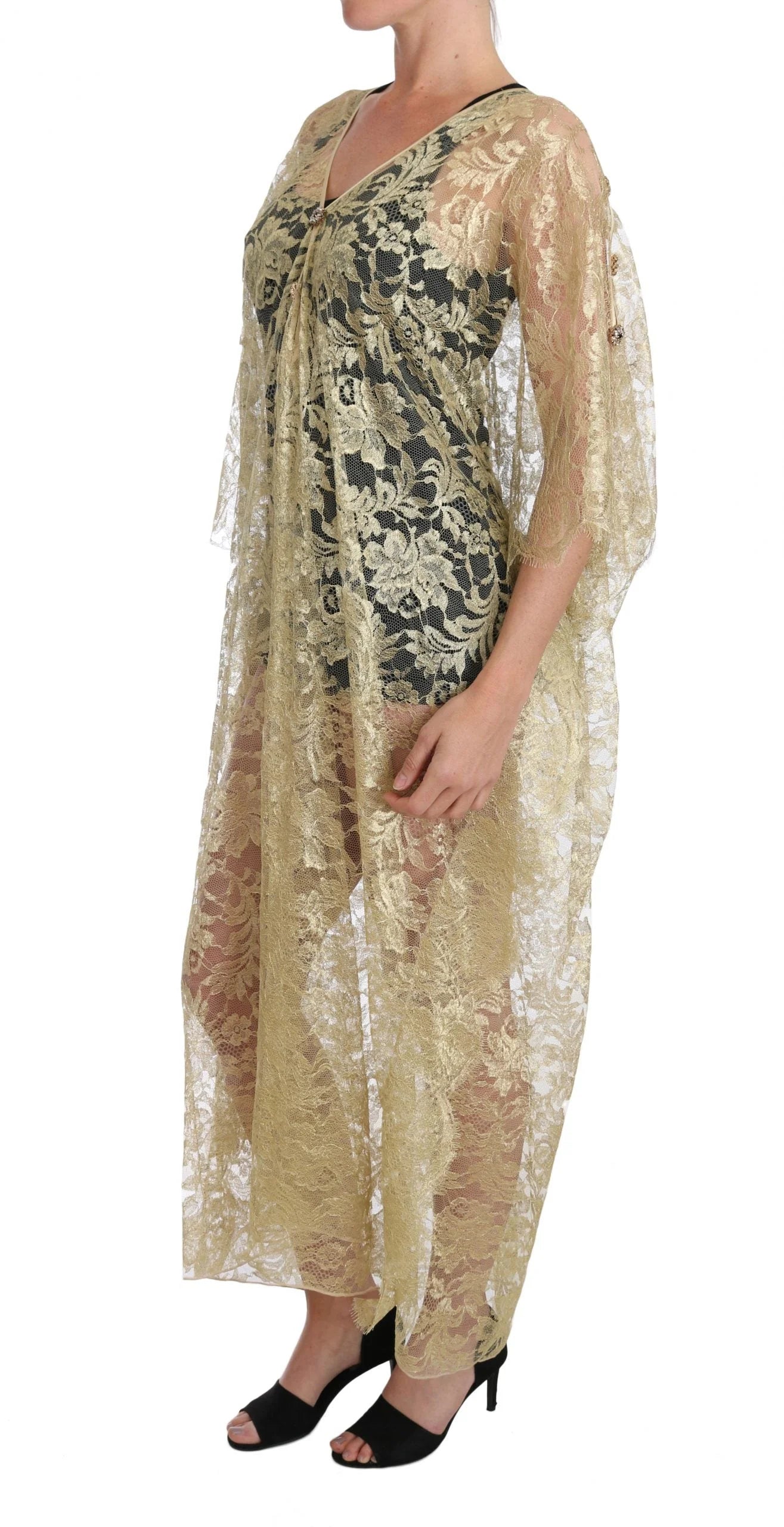 Dolce & Gabbana Gold Floral Lace Crystal Gown Cape Dress - Dresses