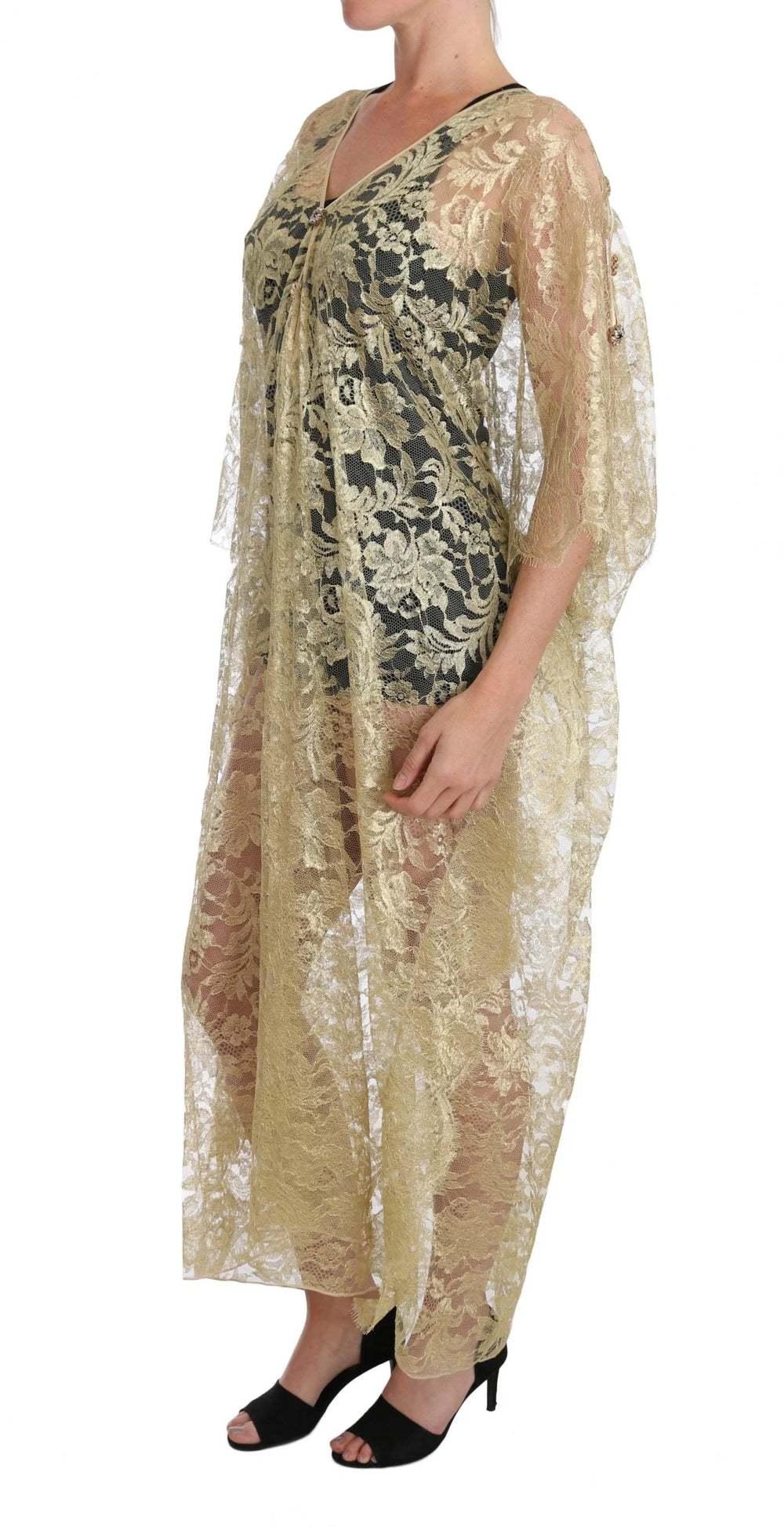 Dolce & Gabbana Gold Floral Lace Crystal Gown Cape Dress - Dresses