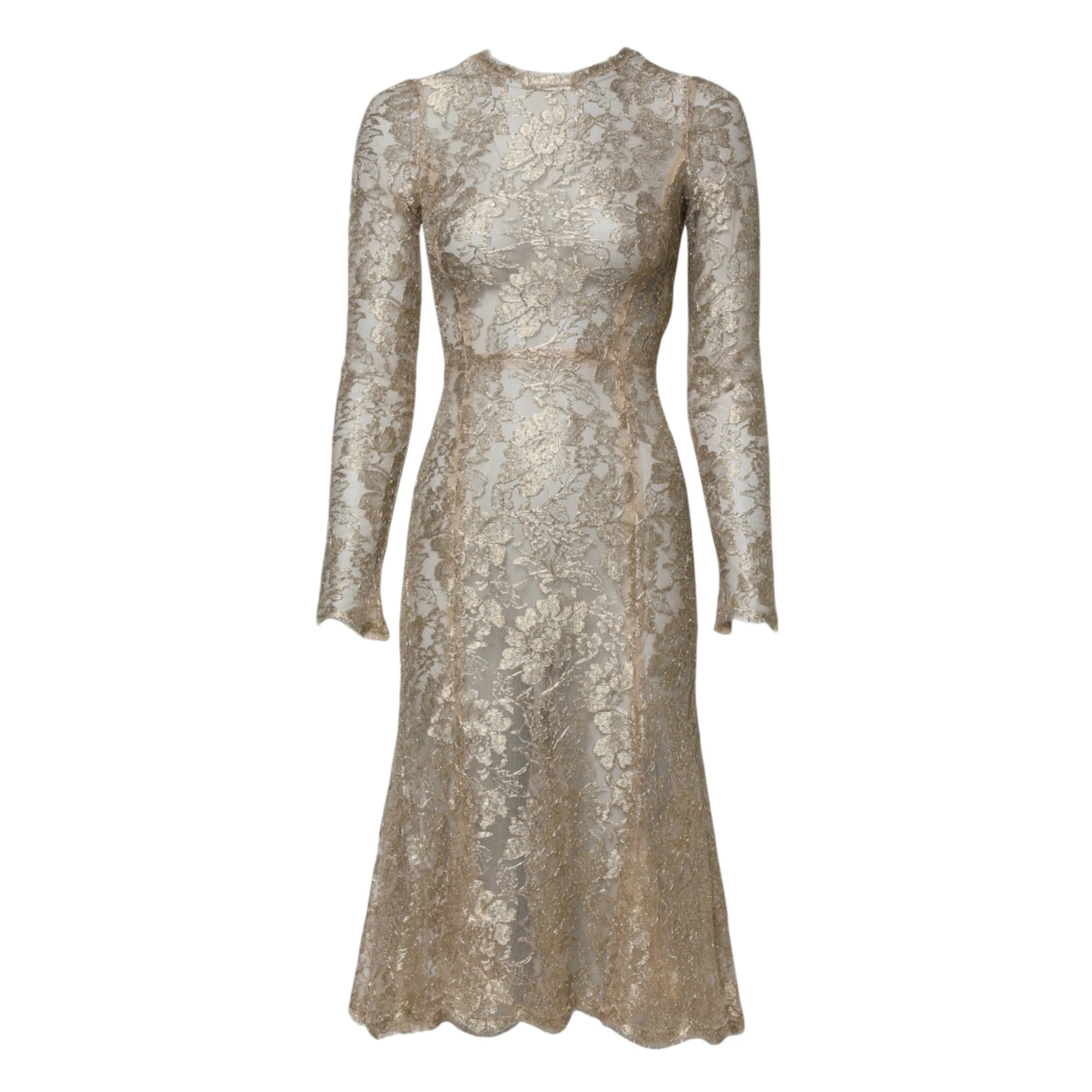 Dolce & Gabbana Gold Floral Lace Long Sleeves Fit & Flare Dress - IT36|XXS - Dresses