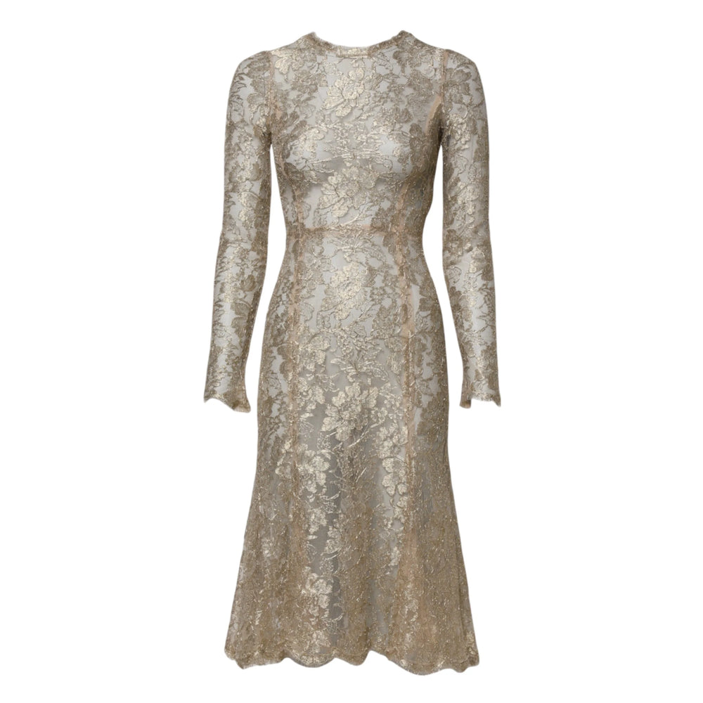 Dolce & Gabbana Gold Floral Lace Long Sleeves Fit & Flare Dress - IT36|XXS - Dresses