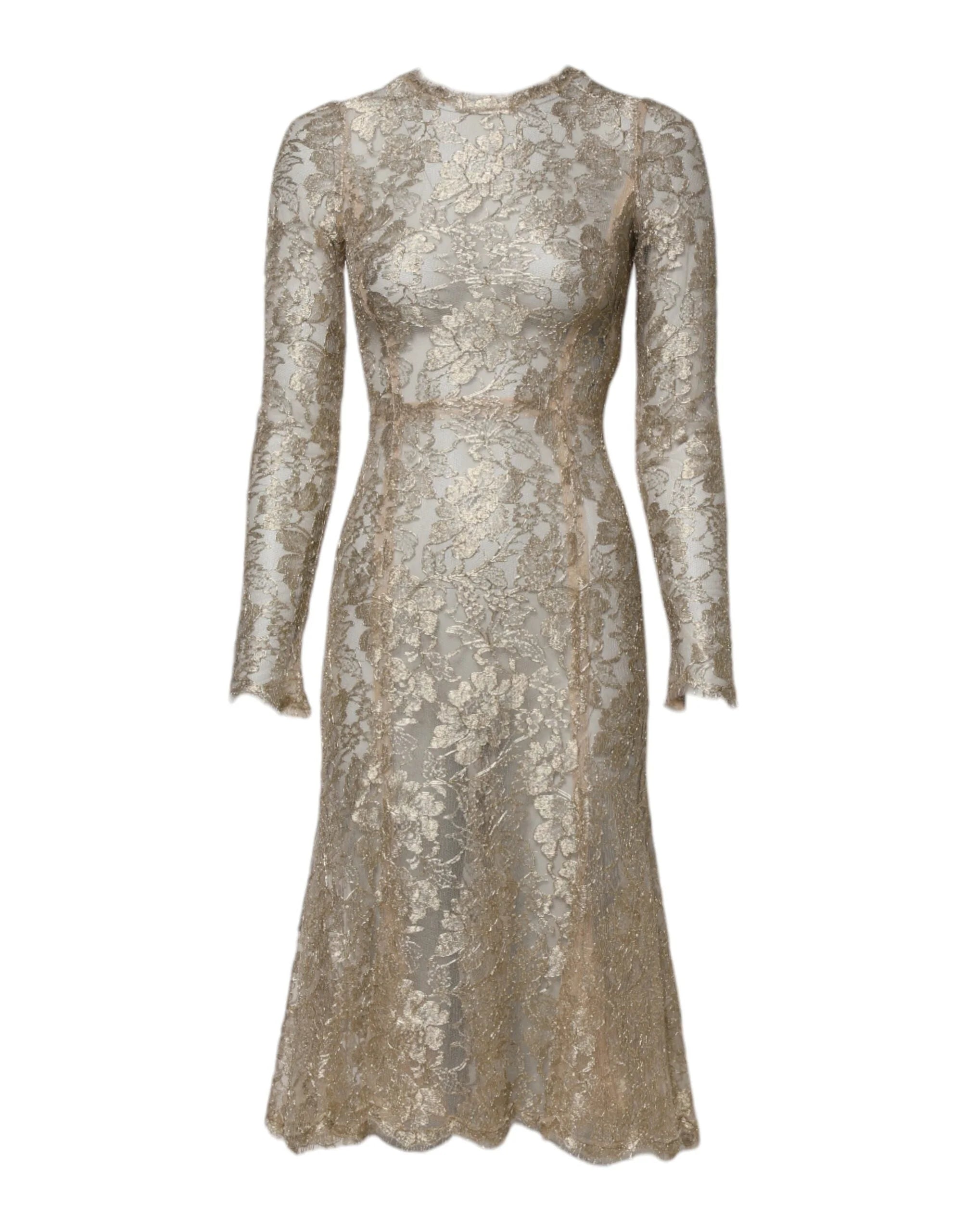Dolce & Gabbana Gold Floral Lace Long Sleeves Fit & Flare Dress - IT36|XXS