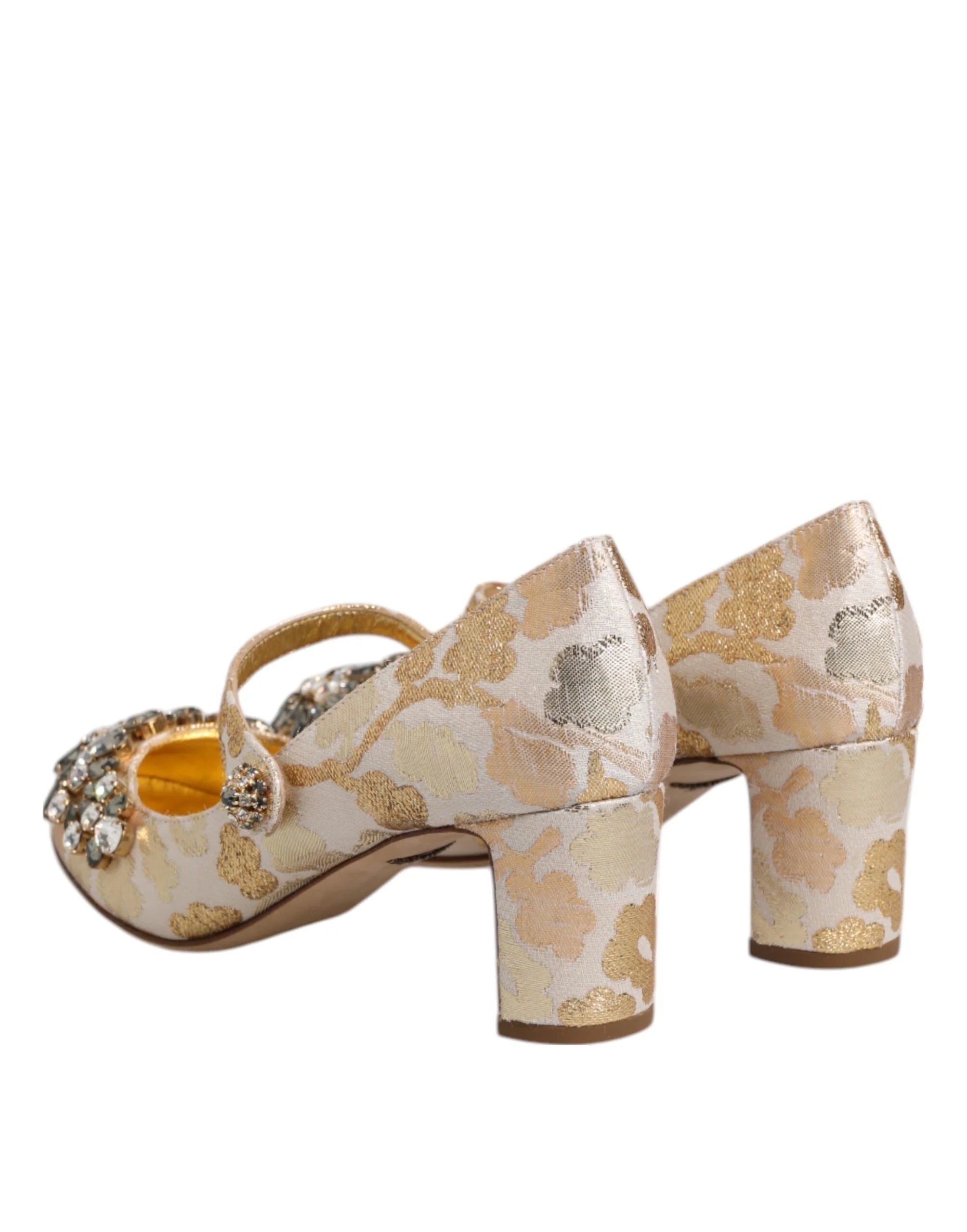 Dolce & Gabbana Gold Jacquard Crystal Mary Janes Pumps Shoes - EU38/US7.5 - Heels