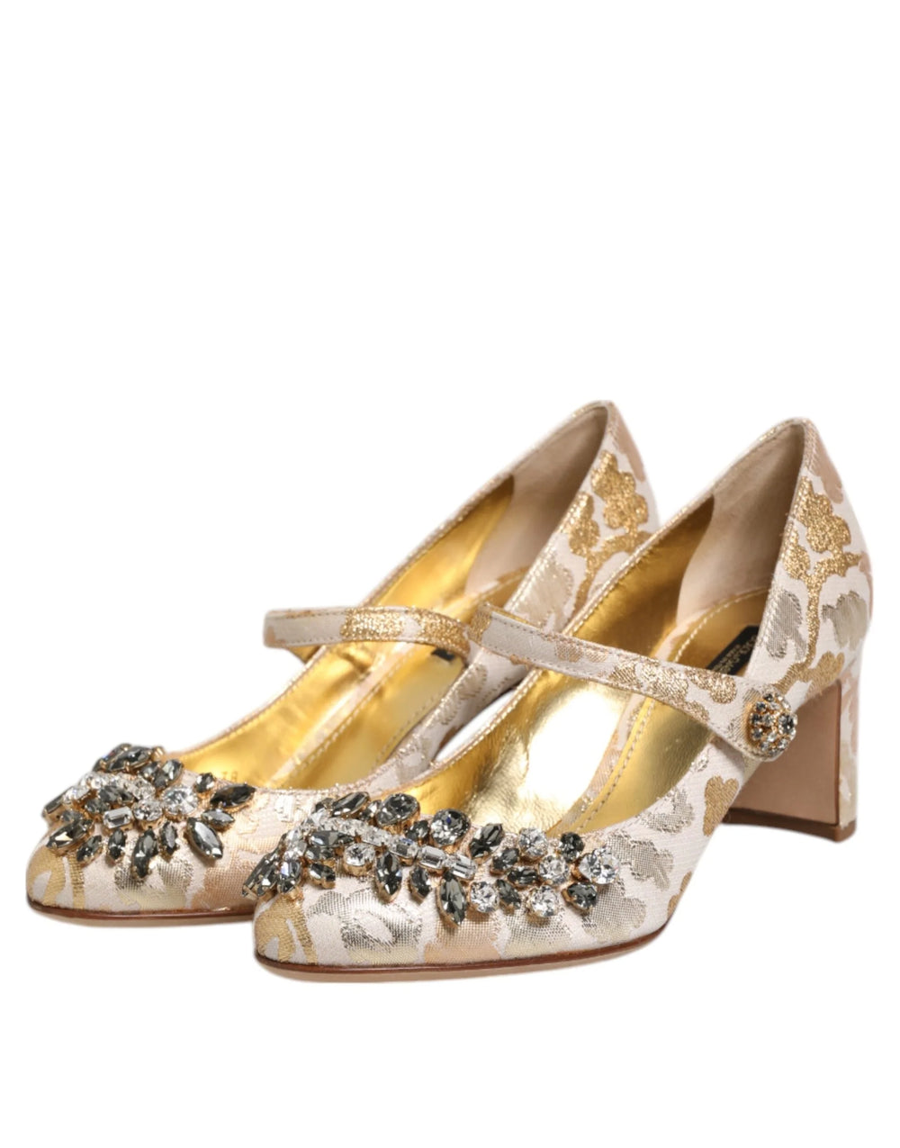 Dolce & Gabbana Gold Jacquard Crystal Mary Janes Pumps Shoes - EU38/US7.5 - Heels