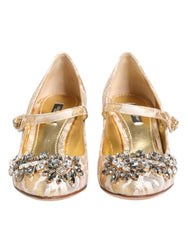 Dolce & Gabbana Gold Jacquard Crystal Mary Janes Pumps Shoes - EU38/US7.5 - Heels