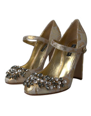 Dolce & Gabbana Gold Jacquard Crystal Mary Janes Pumps Shoes - Heels