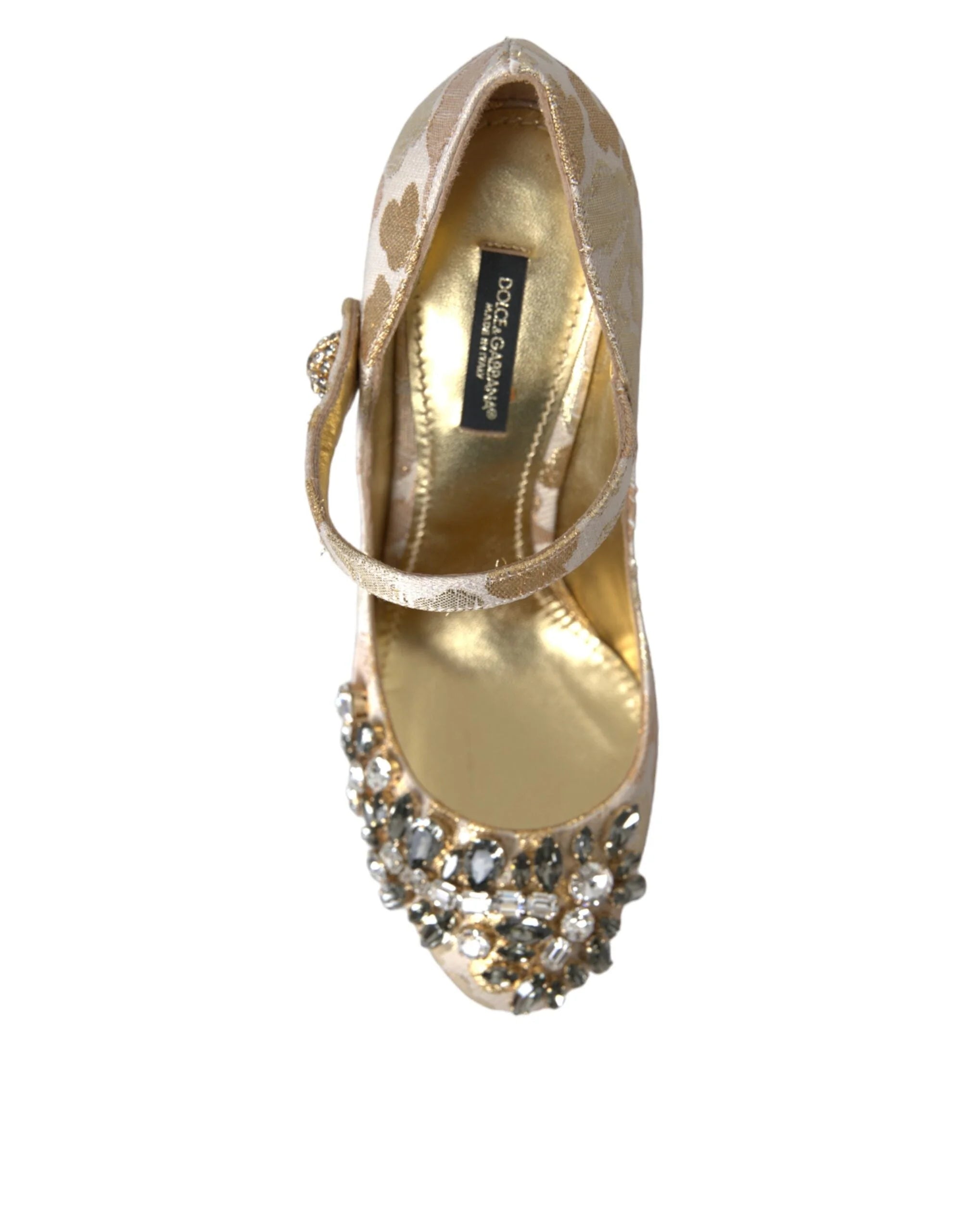 Dolce & Gabbana Gold Jacquard Crystal Mary Janes Pumps Shoes - Heels