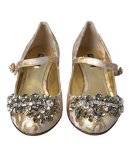 Dolce & Gabbana Gold Jacquard Crystal Mary Janes Pumps Shoes - Heels