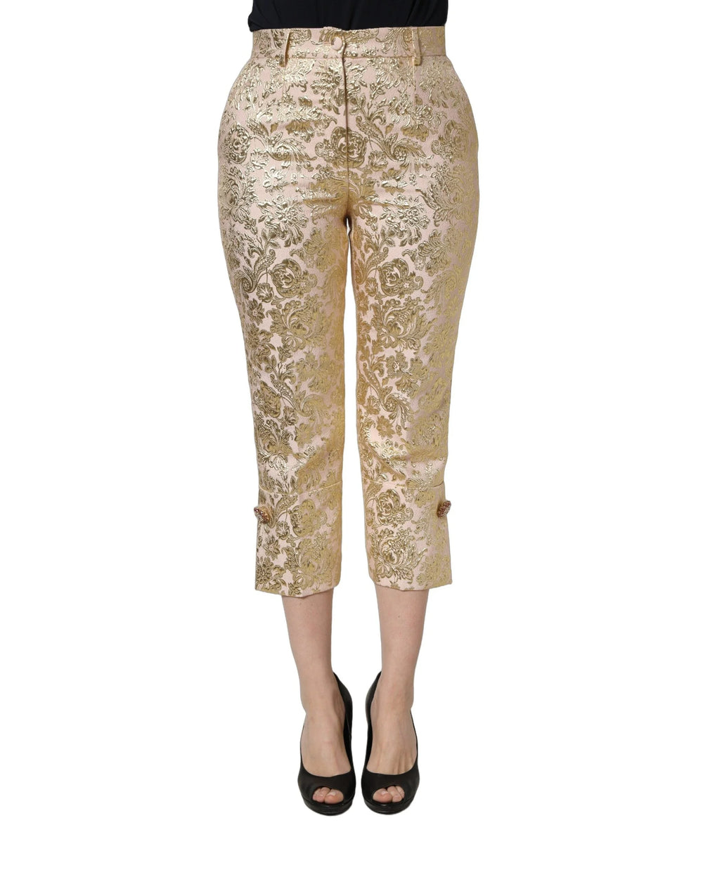 Dolce & Gabbana Gold Jacquard Floral Lamé Crop Trouser Pants - IT42|M