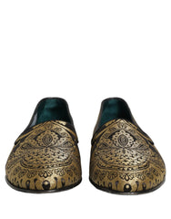 Dolce & Gabbana Gold Jacquard Leather Slip On Loafers Shoes - EU44/US11